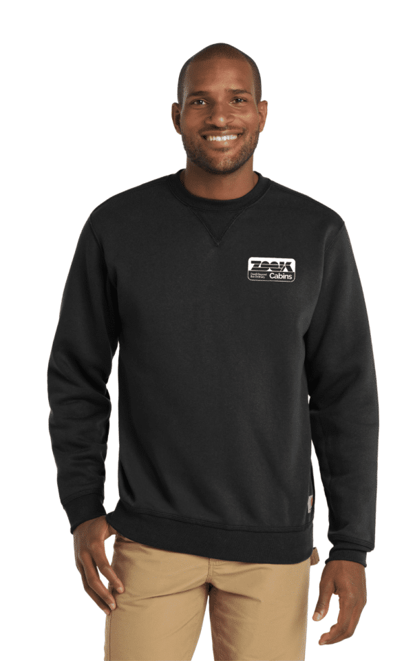 model posing in a black carhartt crewneck for sale from zook cabins 2