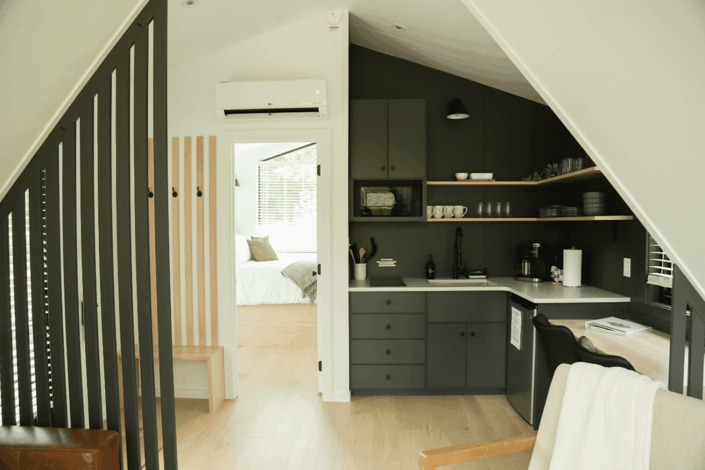 A Frame Park Model Tiny home 34 in Milroy Pa at The Hartman Center Bedroom Entry