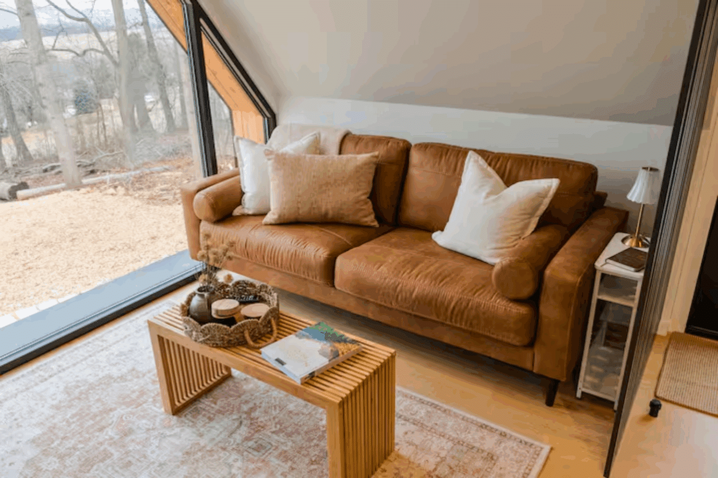 living room area in A frame park model home built by Psy Homes