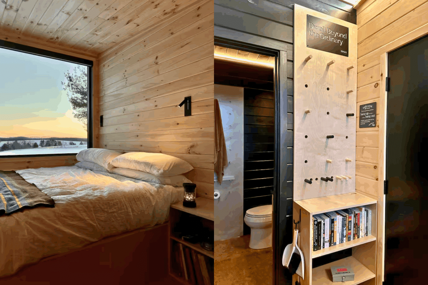 Nook Studio park model tiny home with King sized bed and bookshelf designed and built by Psy Homes