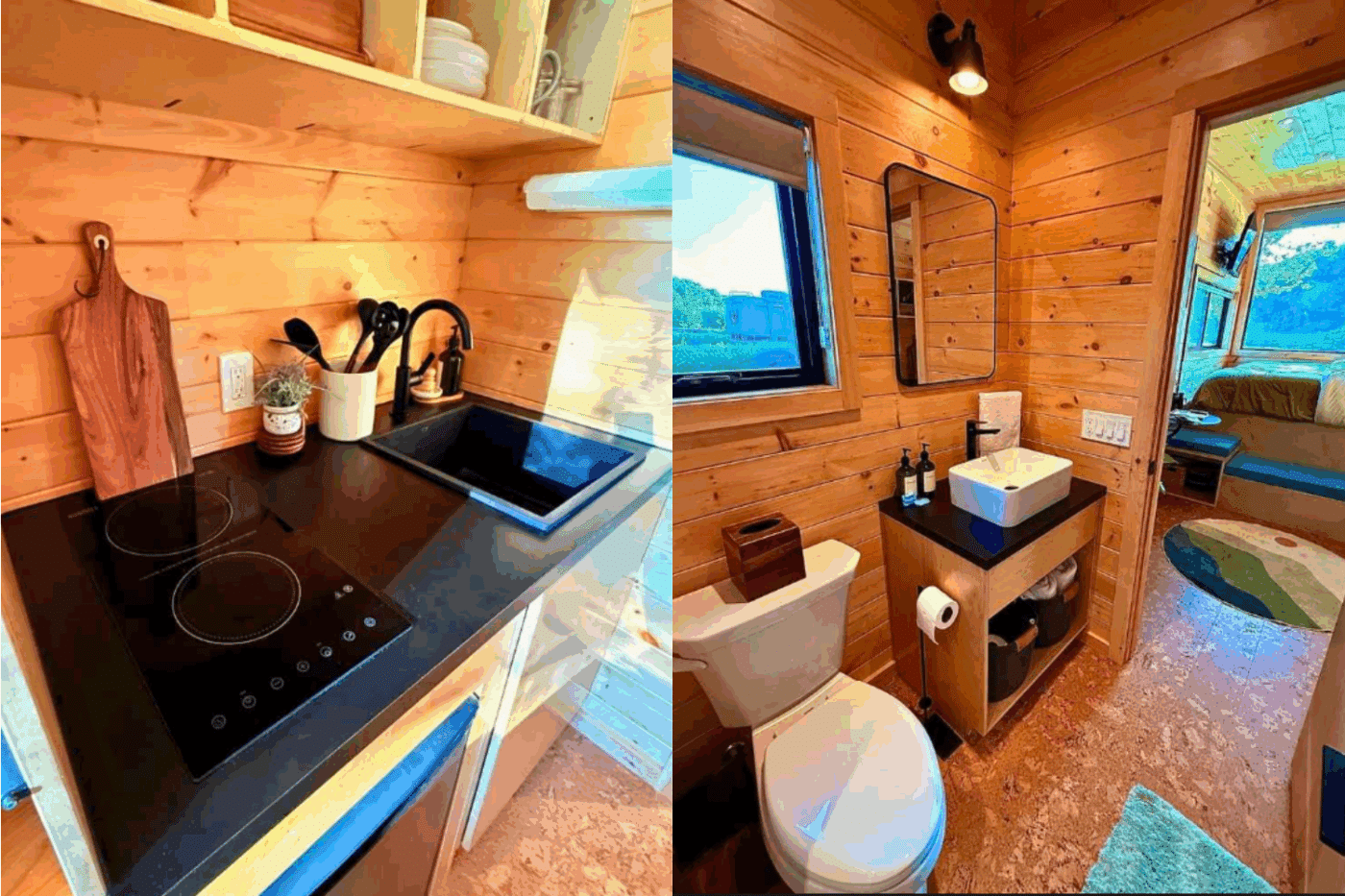 Kitchen and bathroom of Nook Studio base in Severville TN at Two Rivers Landing built and designed by Psy Homes in Gap Pa