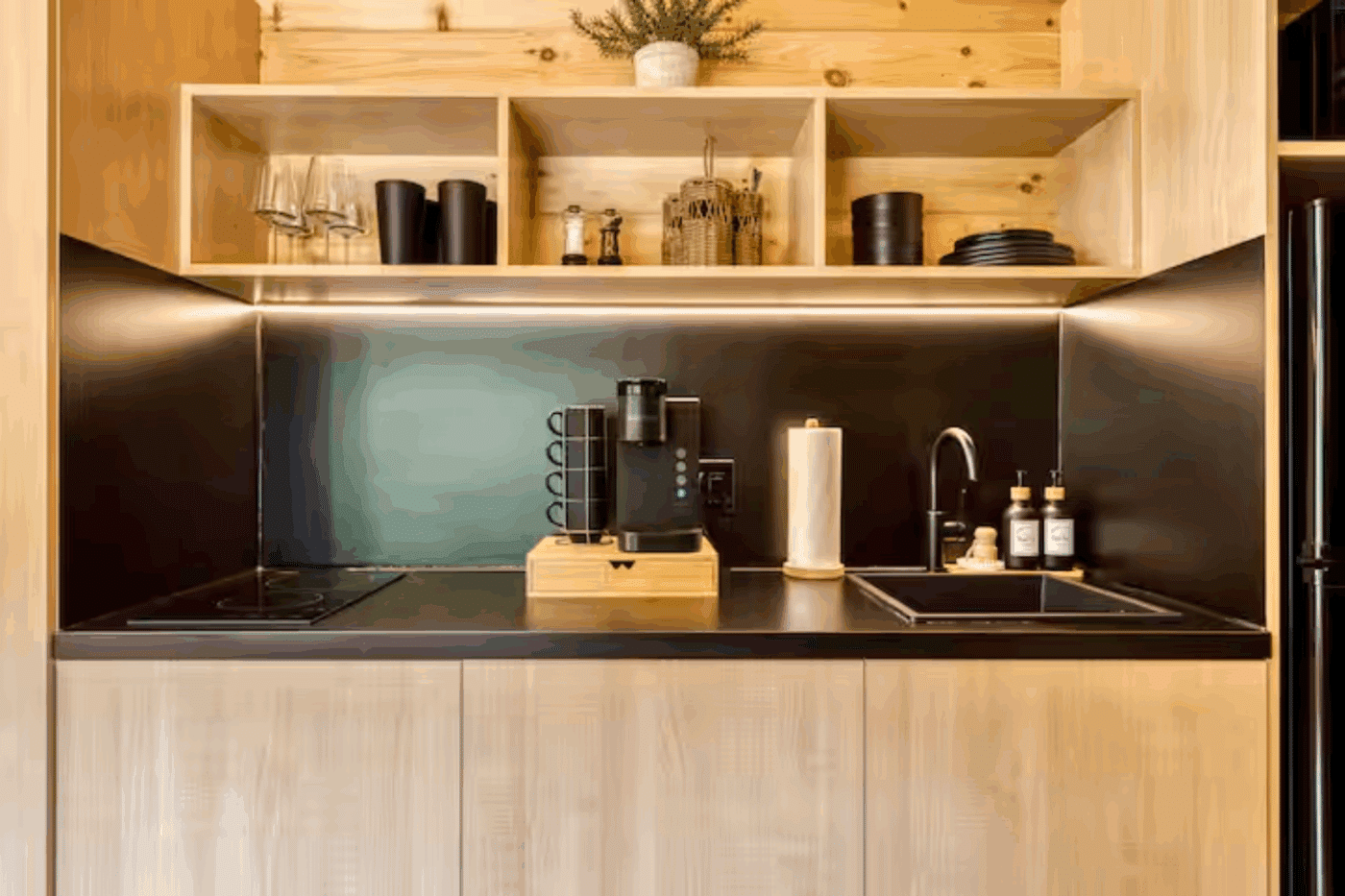 Peaked finished Nook Family in park model tiny home located in Cosby TN built and designed by Psy Homes