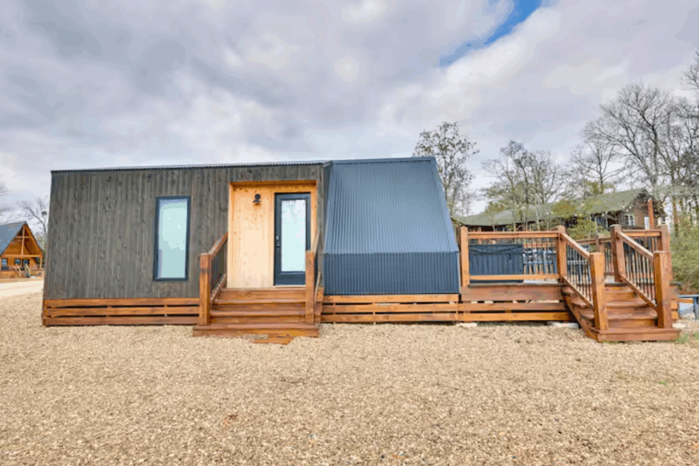 Entry to A frame of trout park model tiny home Broken Bow Ok