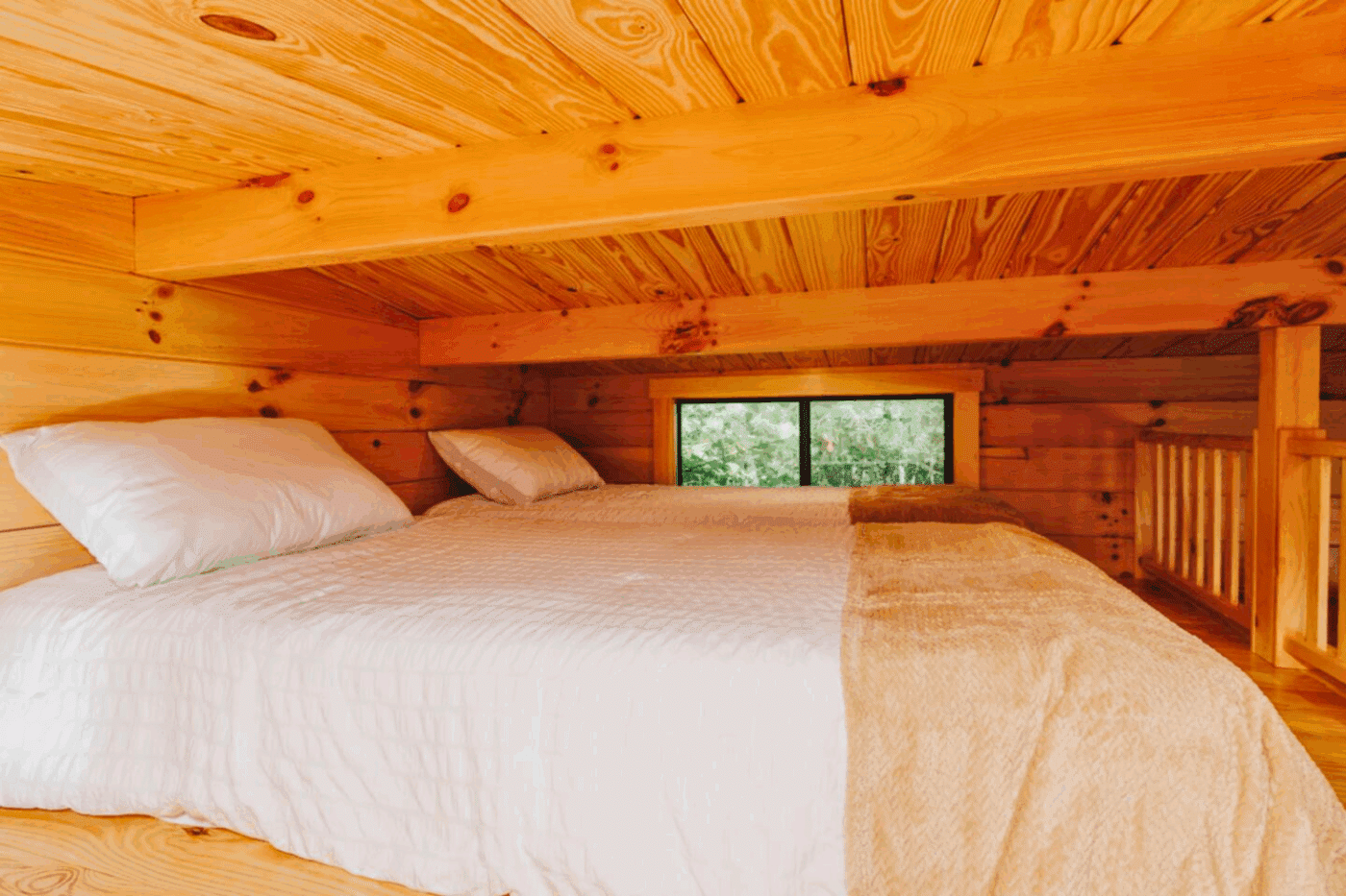 Loft sleeping area in Pinecrest park model tiny home designed and built by Psy Homes located in Campton Kentucky