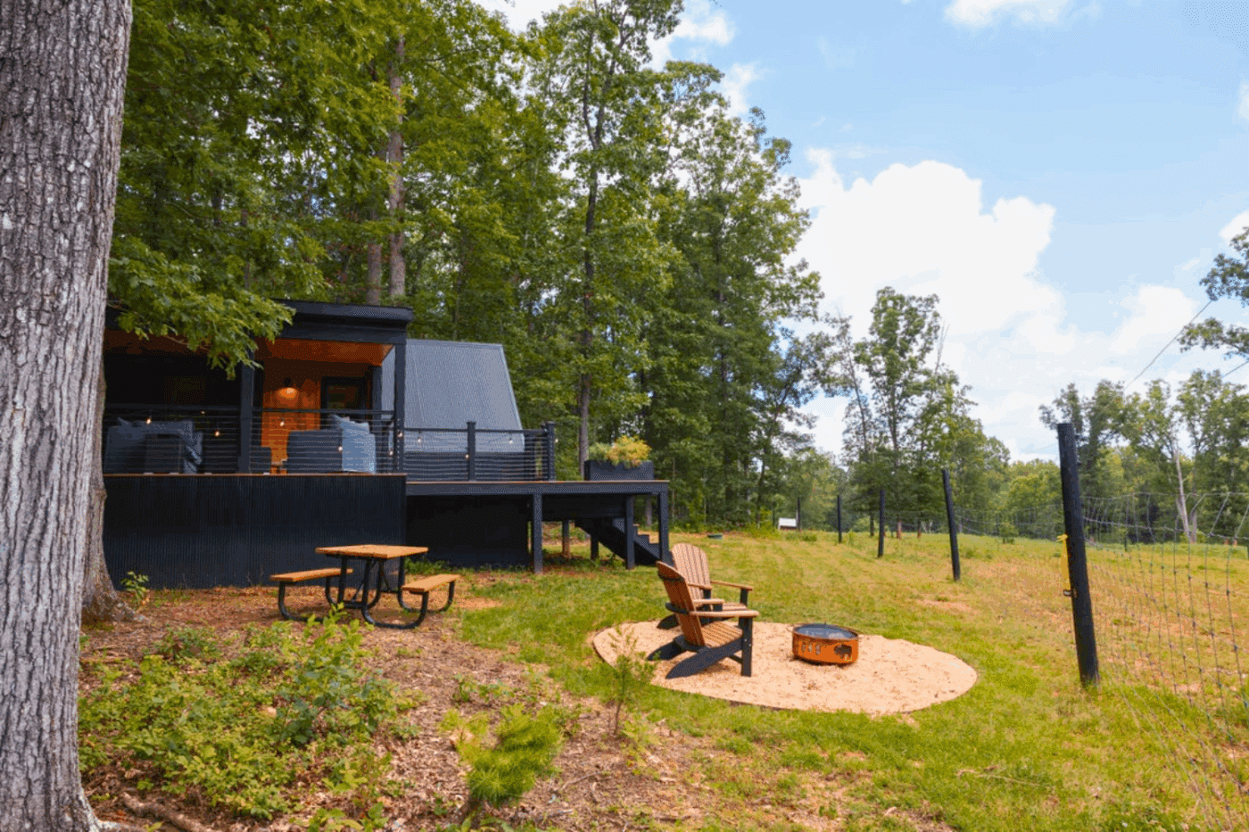 Outdoor hospitality area of A frame park model tiny home in Culpeper VA