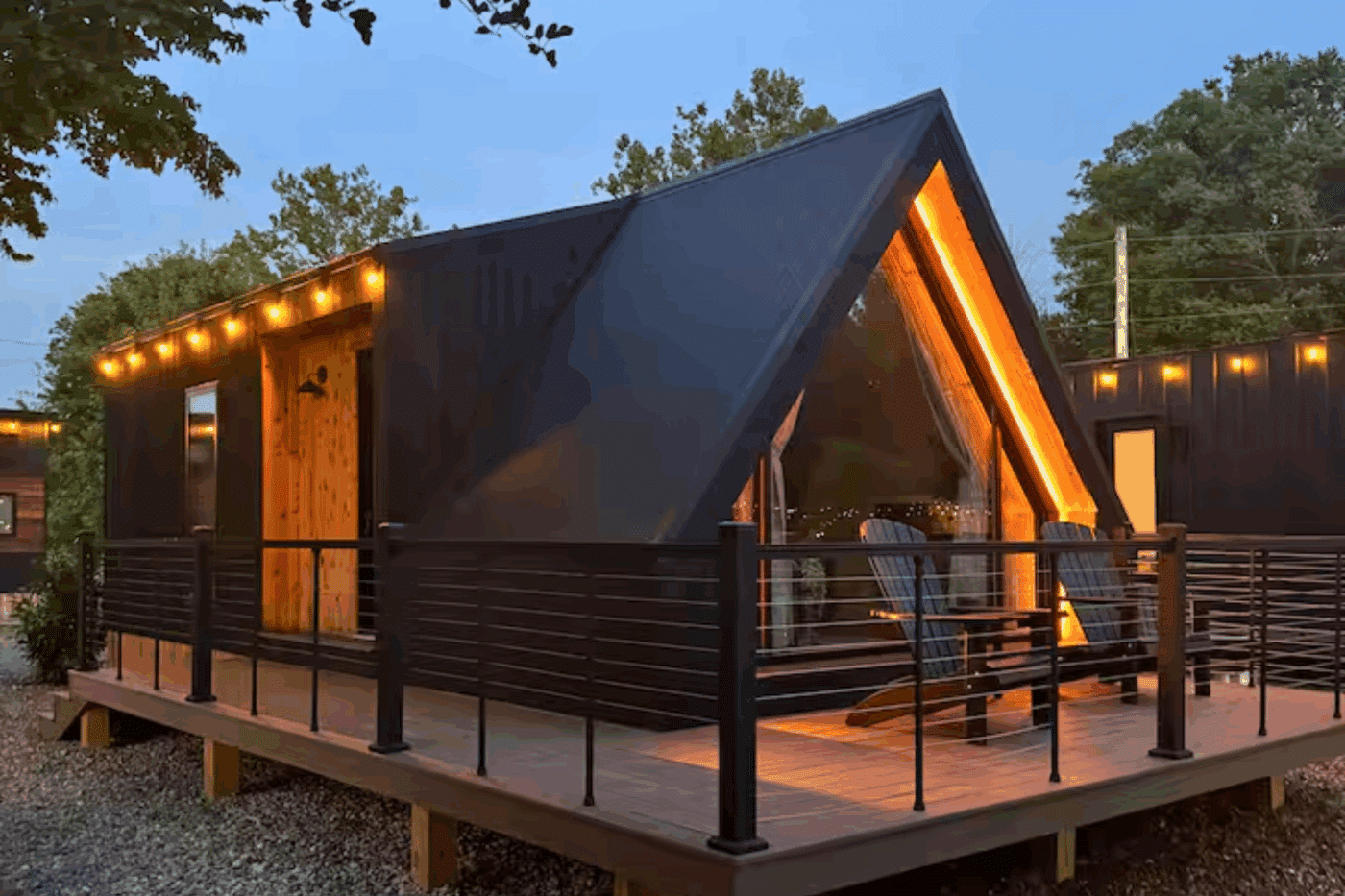 A frame park model at night in New Holland pa built and designed by Psy Homes