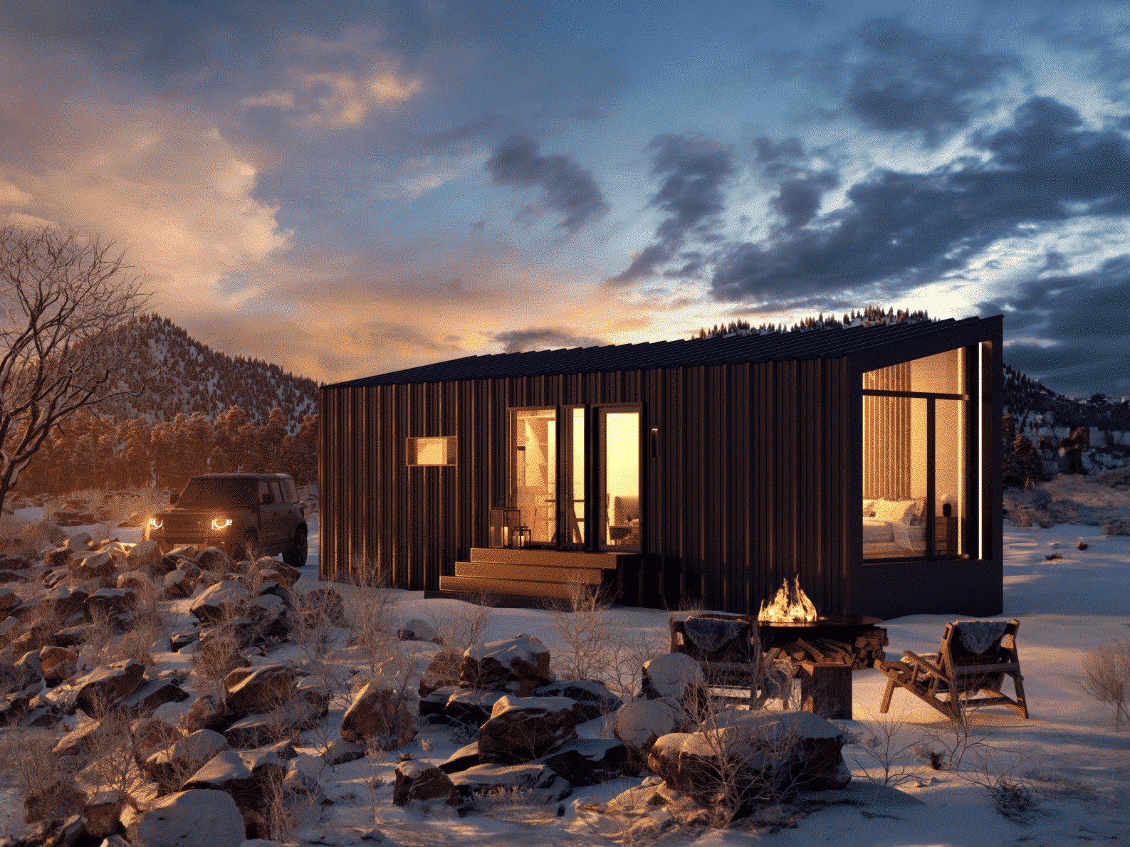 A sleek modern tiny home with a black metal exterior is set against a snowy landscape, illuminated by the warm glow of interior lighting. Large windows showcase a cozy, stylish bedroom inside. Outside, a firepit surrounded by rustic wooden chairs creates a welcoming outdoor space. A rugged SUV is parked nearby on rocky terrain, with a backdrop of snow-dusted trees and distant mountains under a dramatic sunset sky.