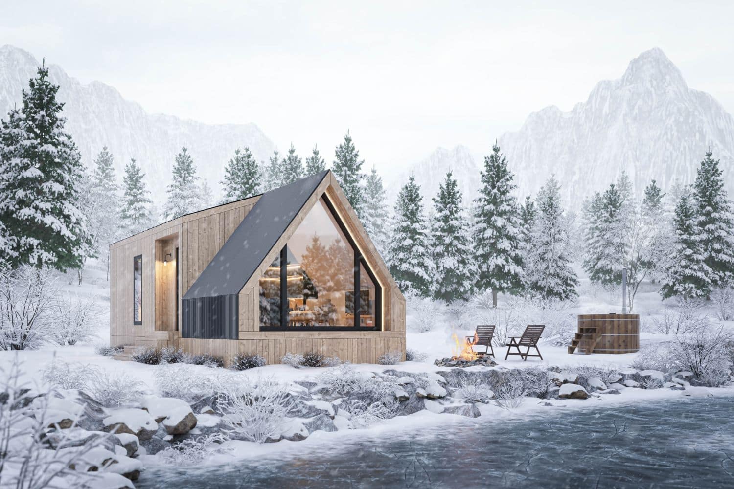 Tiny Home Regulations in Wyoming: White A-Frame Tiny Home in the Snow with Mountains in background