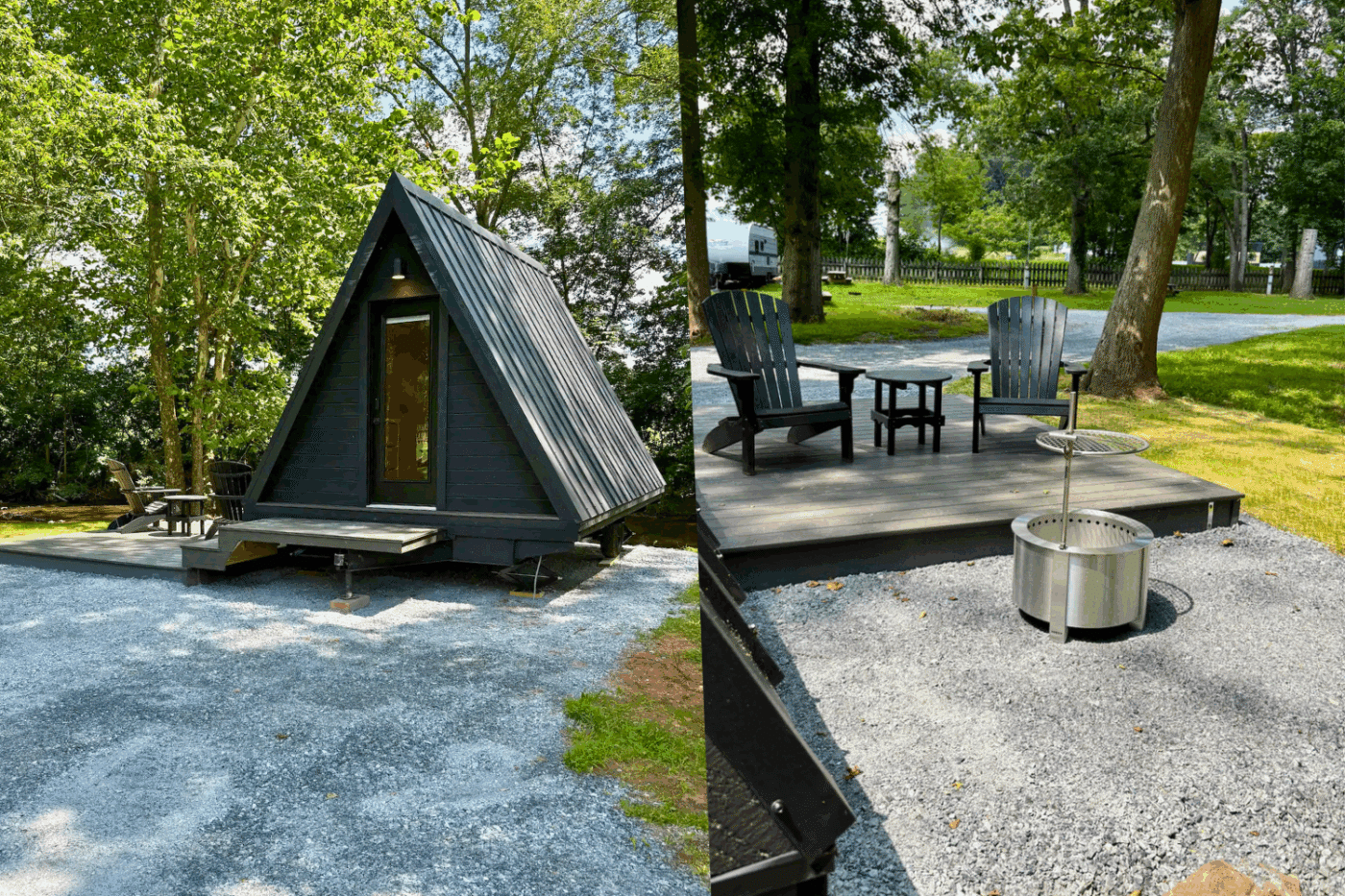 Vista Glamping pod with outdoor hospitality area with deck and campfire built and designed by Zook cabins in Gap Pa
