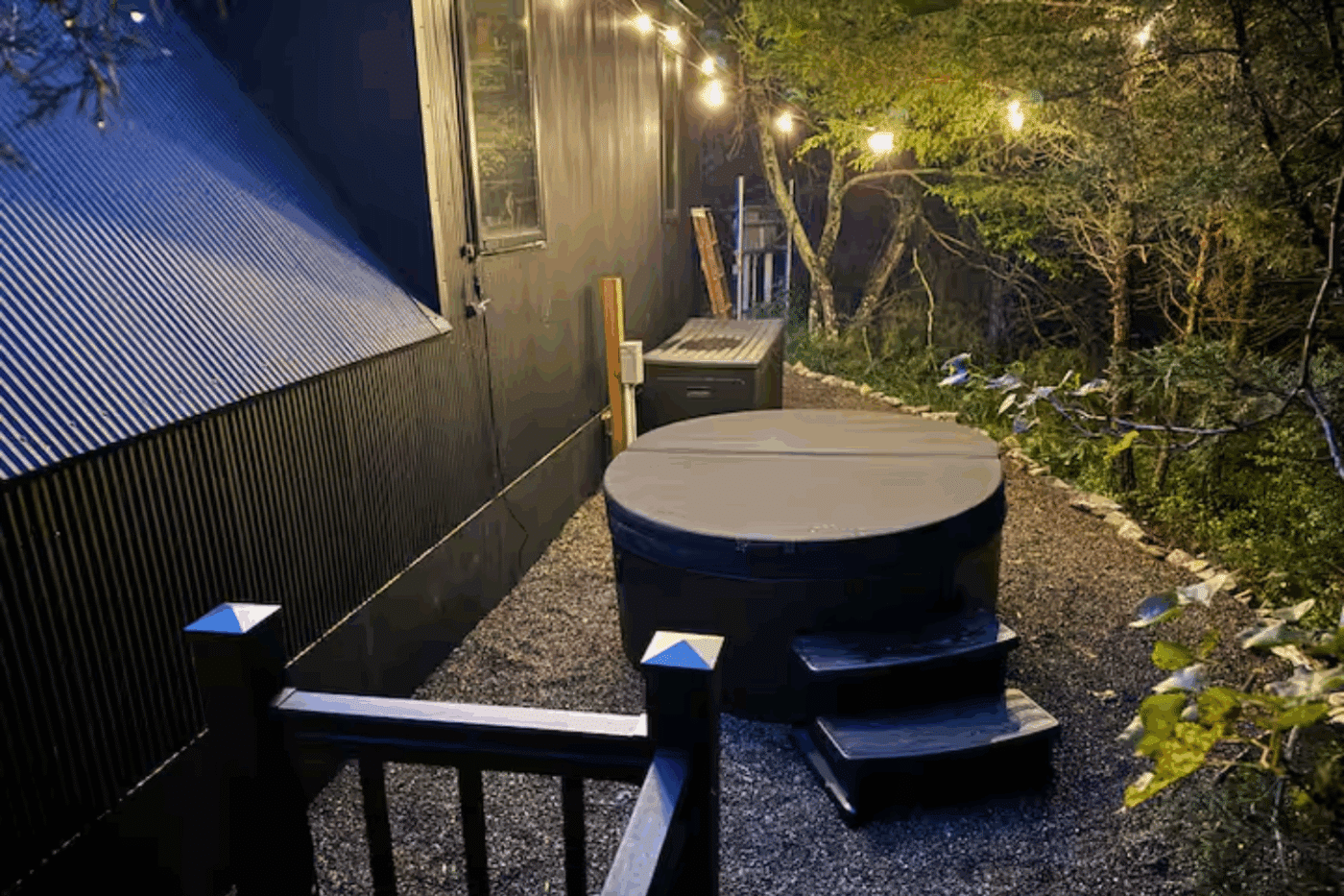 A Frame Park Model tiny home outdoor hospitality area in Wardensville West Virginia