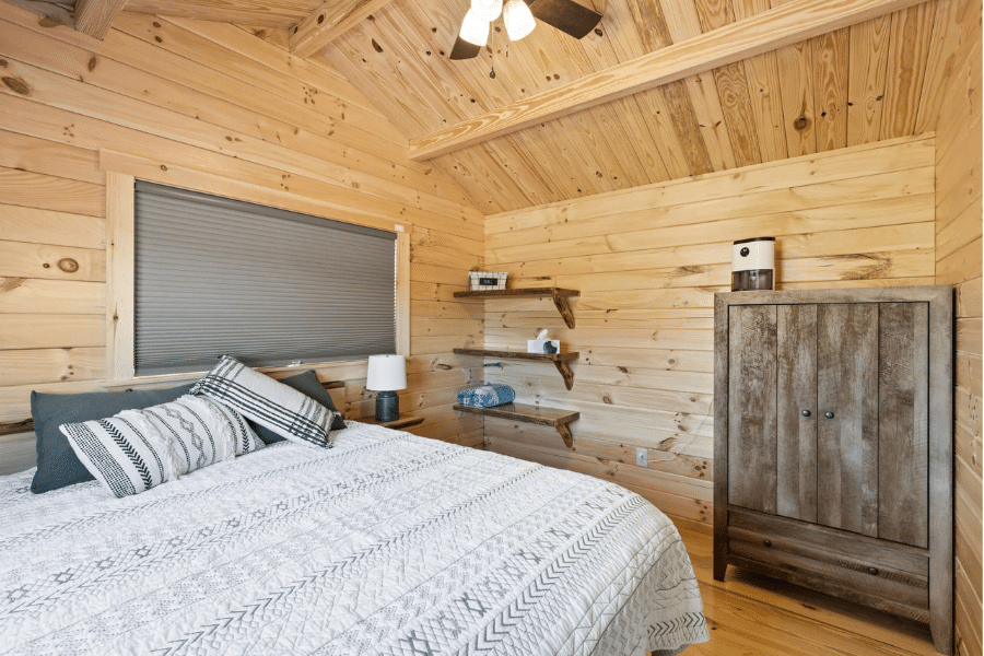 bedroom inside park model tiny home in Klamath CA