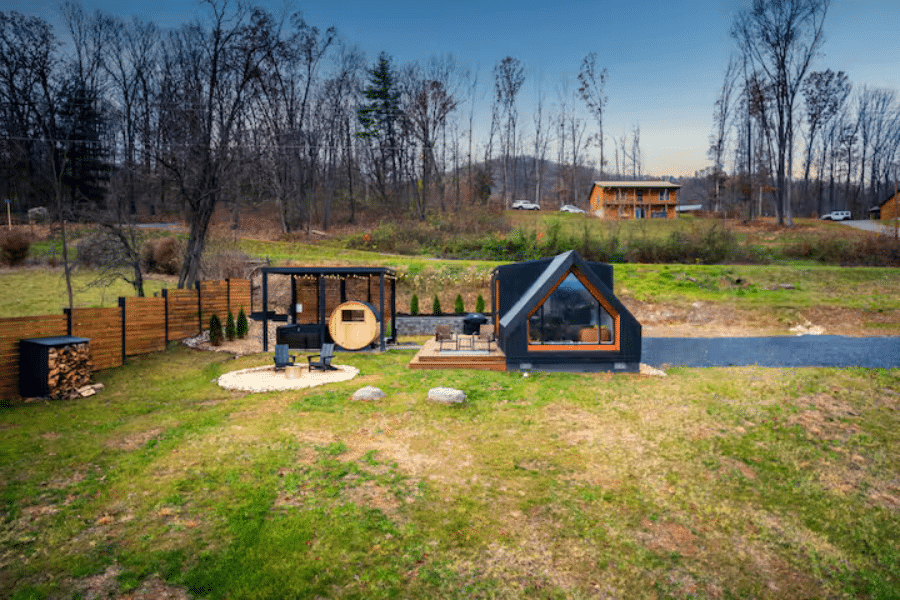 Black A frame ADU on property built in compliance with NC ADU regulations