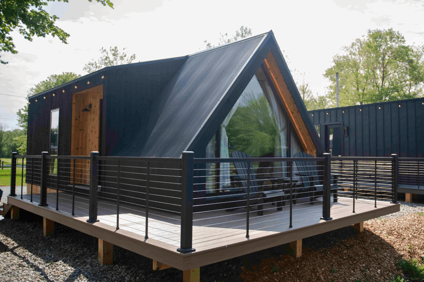 Exterior of Psy Homes aframe park model tiny home in new holland pa at Red Run Resort