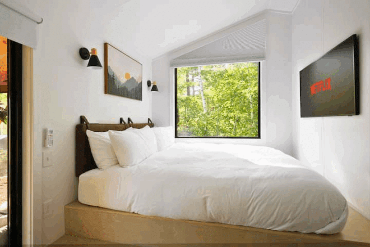 Luxury bedroom in A frame tiny house located South Berwick Maine