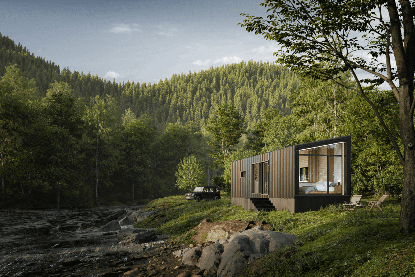 Luna park model tiny home with modern siding and large glass window, set beside a river with forested hills in South Carolina.