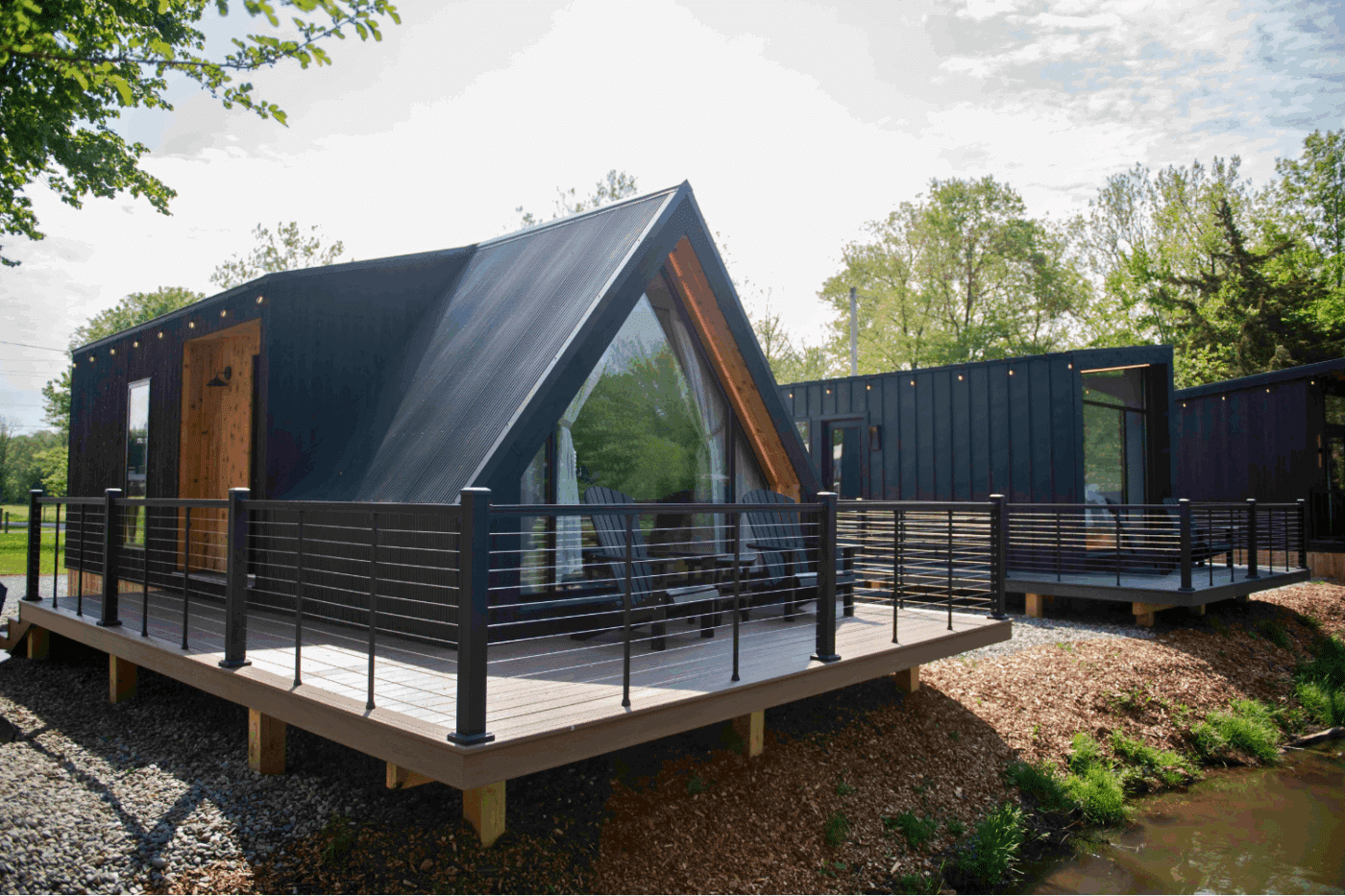 A frame park model tiny home built and designed by Psy Homes and located at Red Run resort in new holland Pa