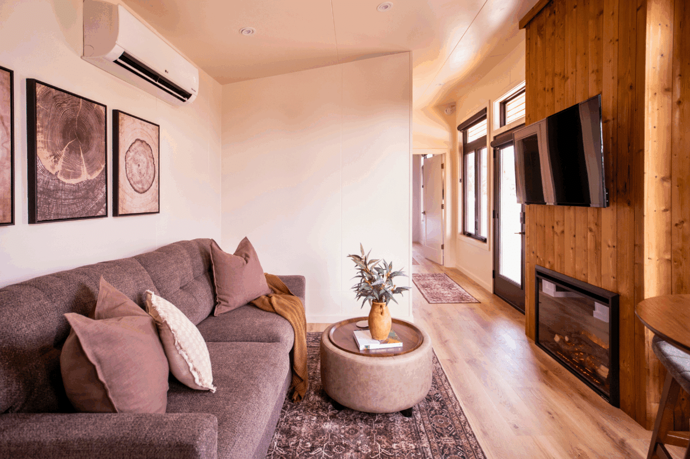 livingroom of Sonoma park model tiny home in new holland pa site 106 built and designed by Psy Homes