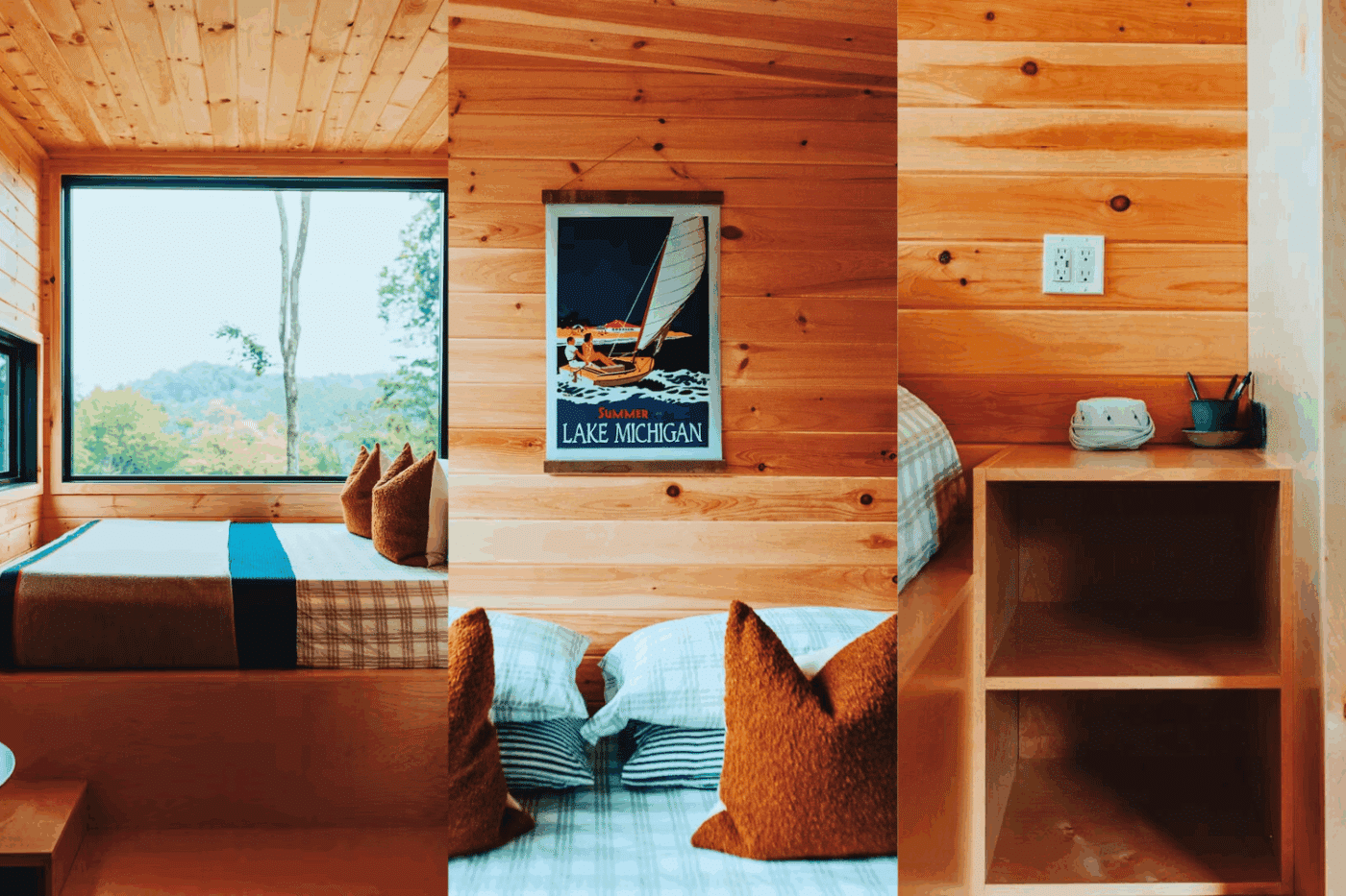 sleeping area of Peak Nook Studio tiny home in Bellaire Michigan retreat north cabin 4