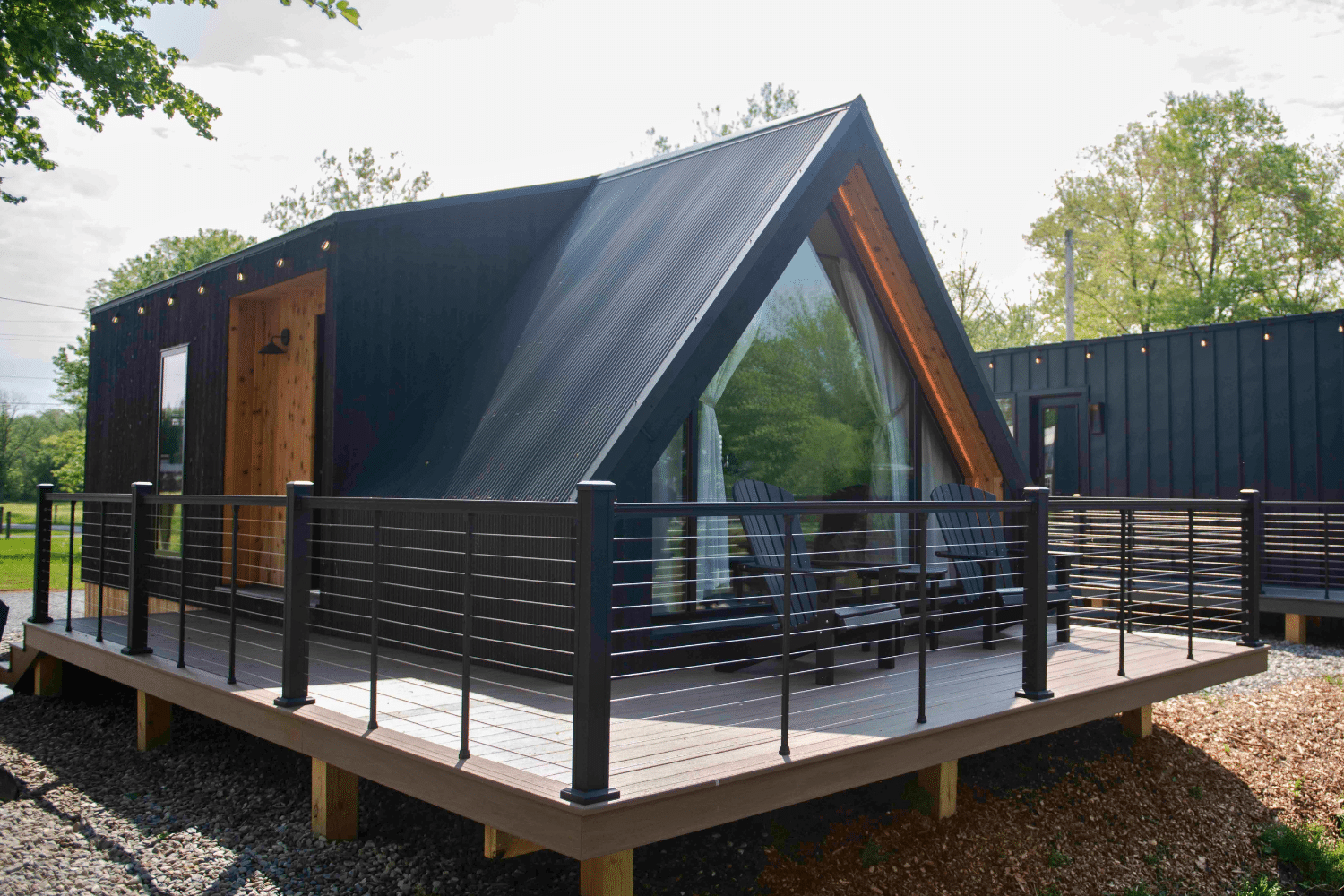 Exterior of Psy Homes aframe park model tiny home in new holland pa at Red Run Resort