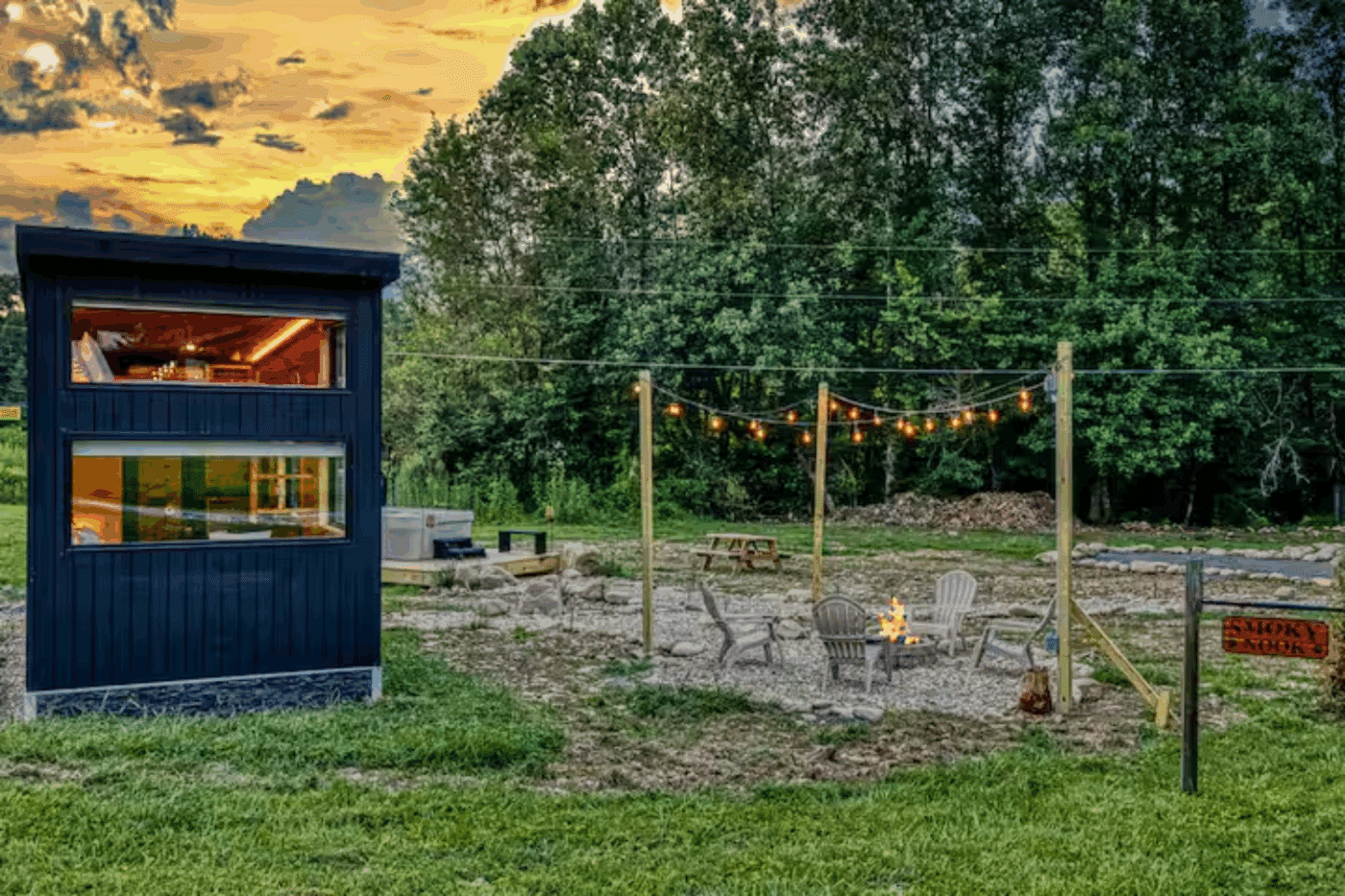 outdoor hospitality area of Nook Family peak park model tiny home built in Cosby Tennessee built and designed by Psy Homes