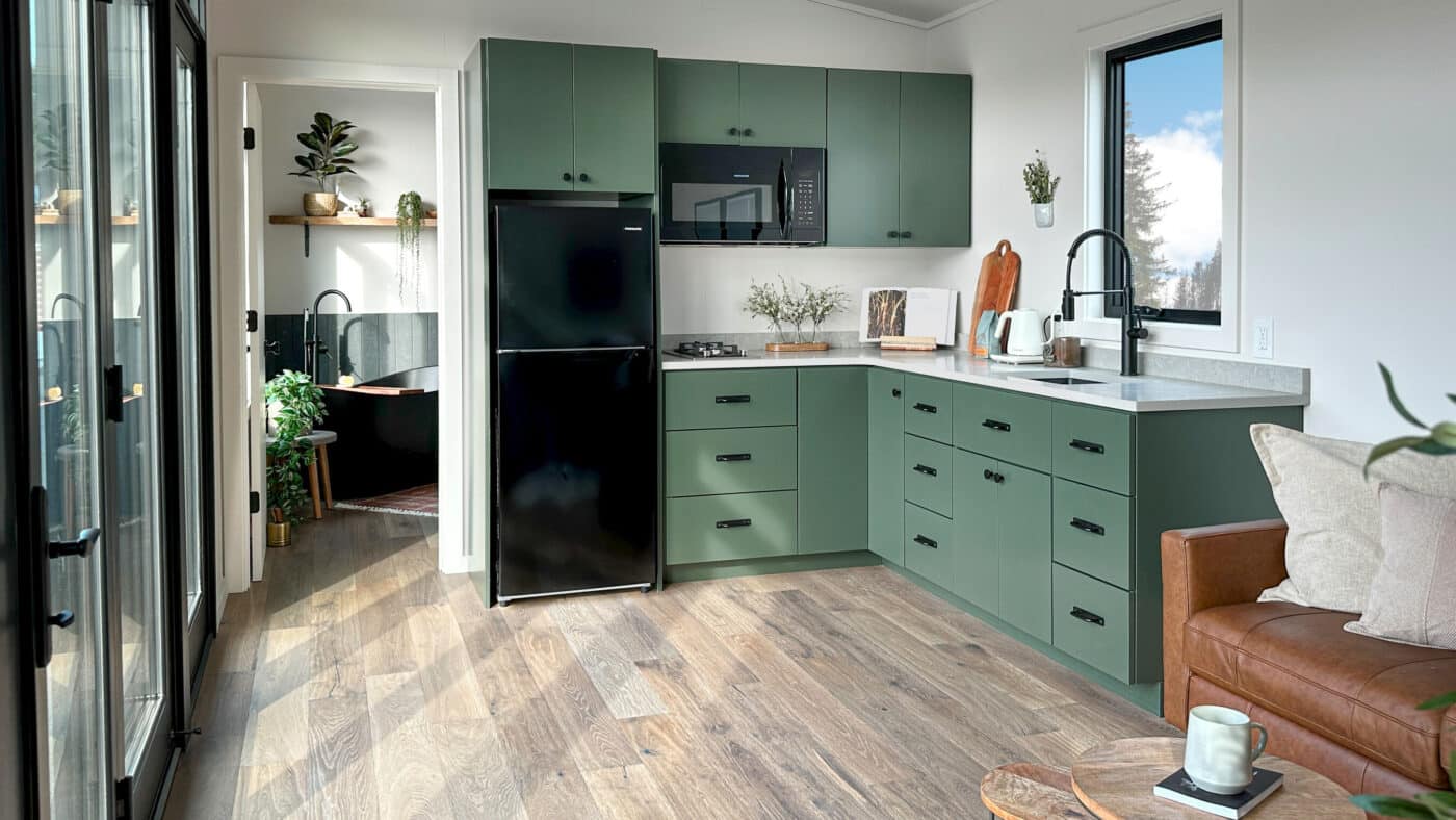 A park model using tiny home living ideas for a kitchen.