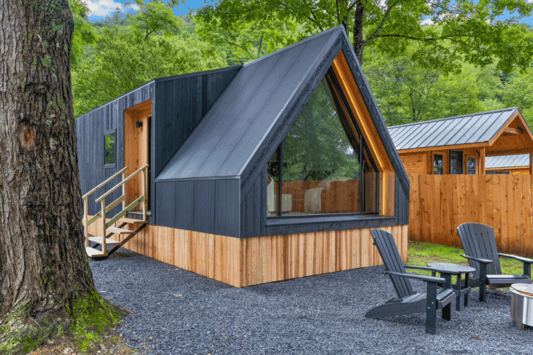 Modern Finished A frame studio park model tiny home in Pond Eddy New York Rushing Water 2 at The Outpost Resort