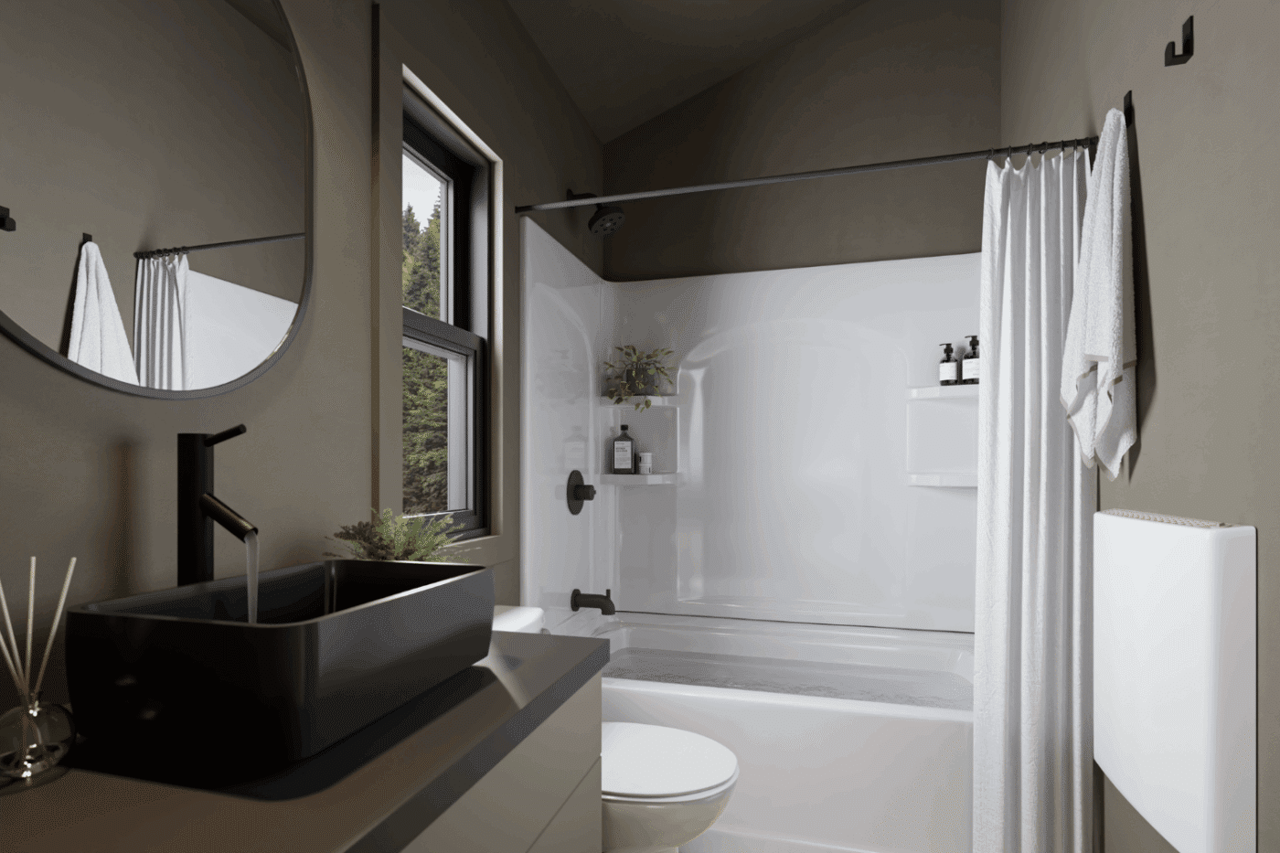 A frame Bunkhouse Park Model Tiny Home with Full Sized Shower Tub Combo