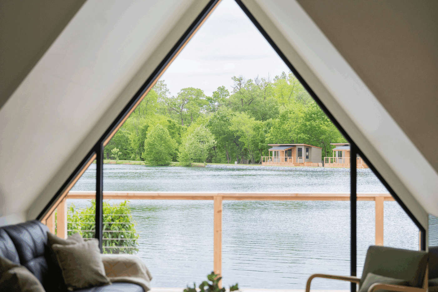 lake view of A Frame studio park model tiny home at Red Run Resort Site 139 in New Holland Pa