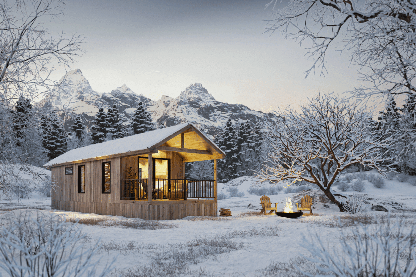 Wooden Denali park model tiny home in a snowy mountain landscape with a fire pit and Adirondack chairs.