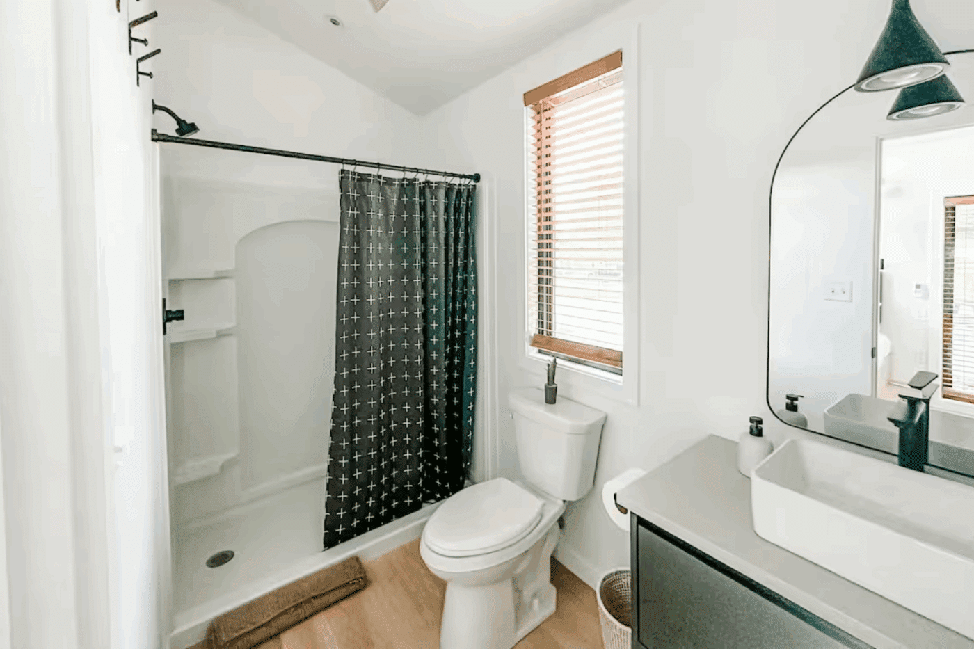 Luxury bathroom in Psy Homes A frame park model tiny home in Harrison Arkansas