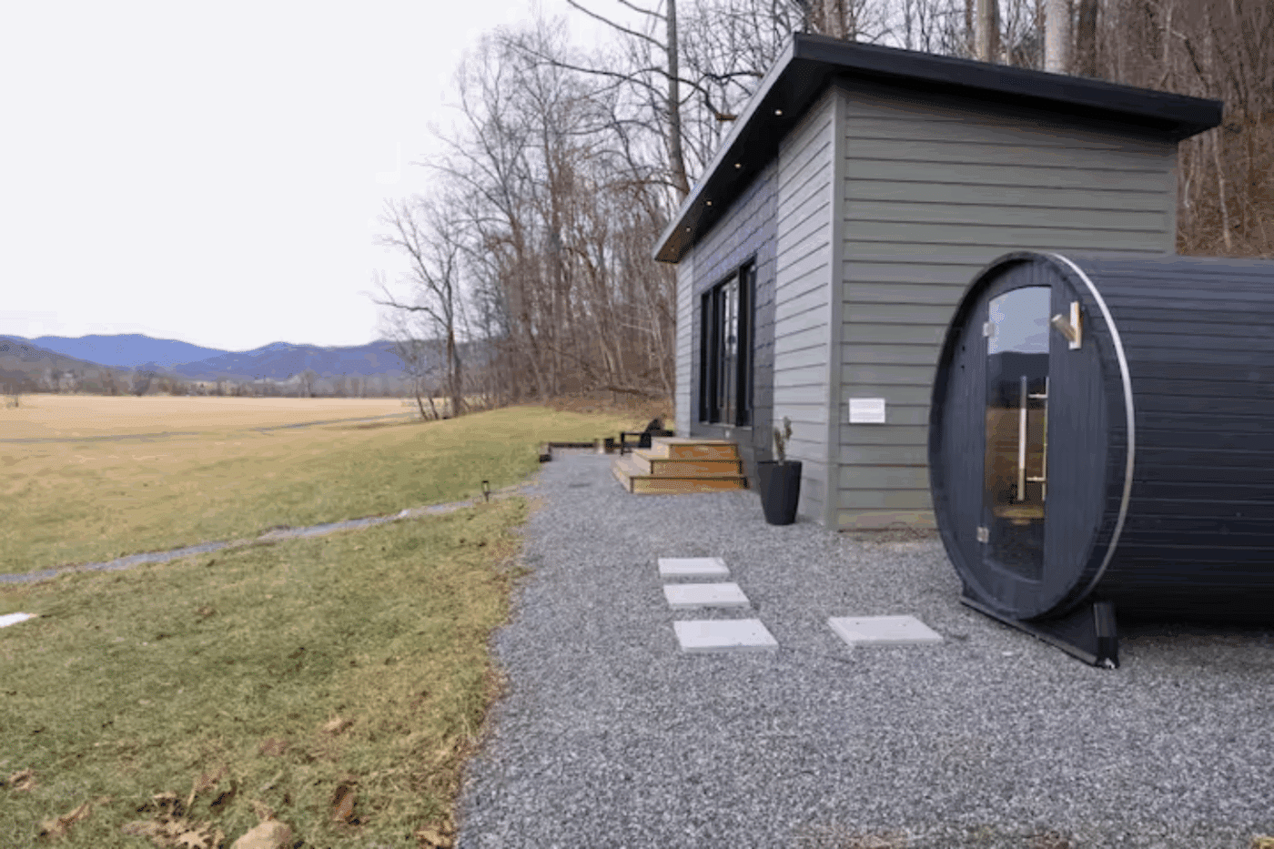 Custom built Alpine 2 park model tiny home with cozy outdoor hospitality including sauna