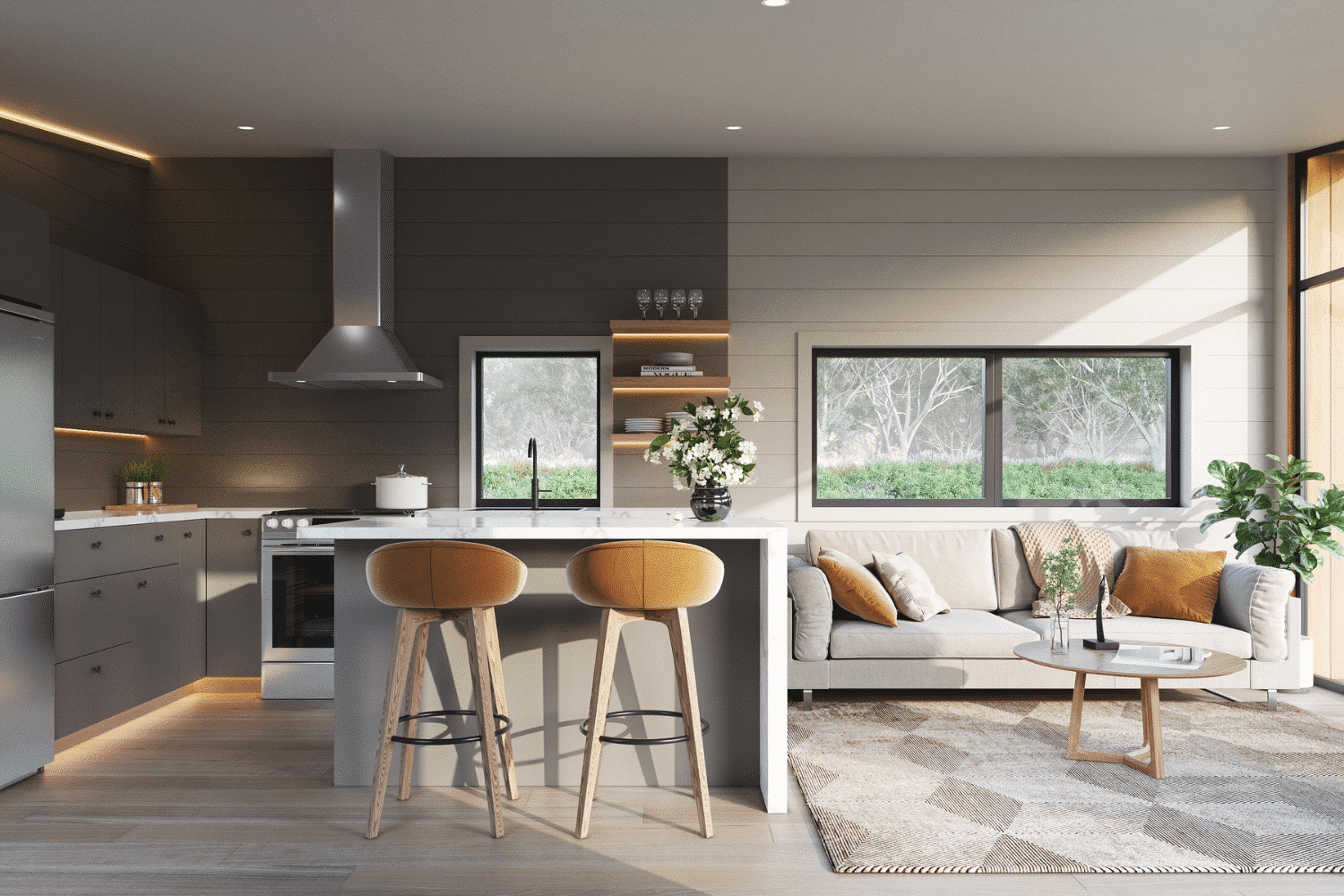 Luna ADU modern Homes with full kitchen and living room