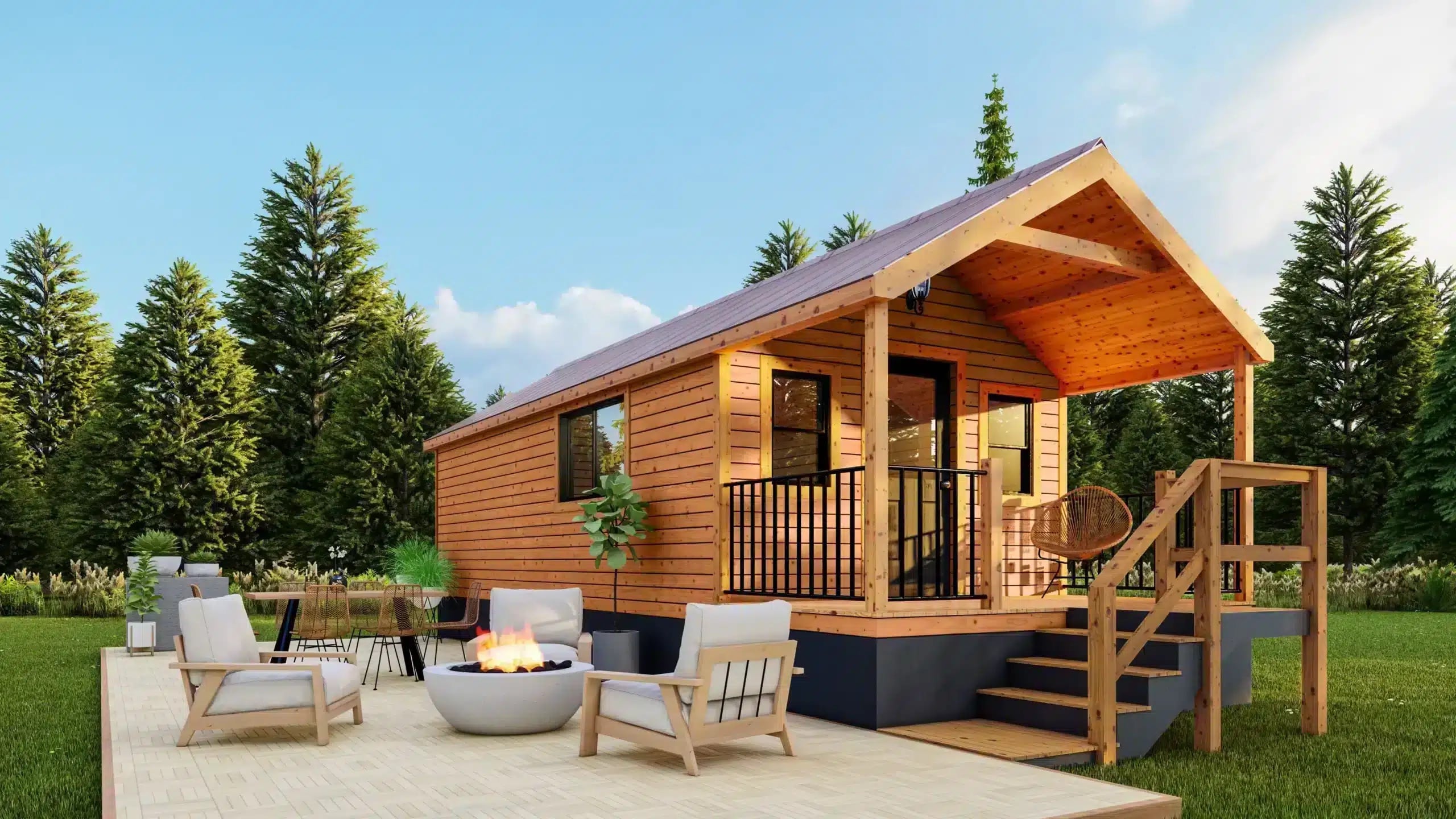 Log-style park model cabin with covered porch, outdoor seating, and a fire pit on a large patio.
