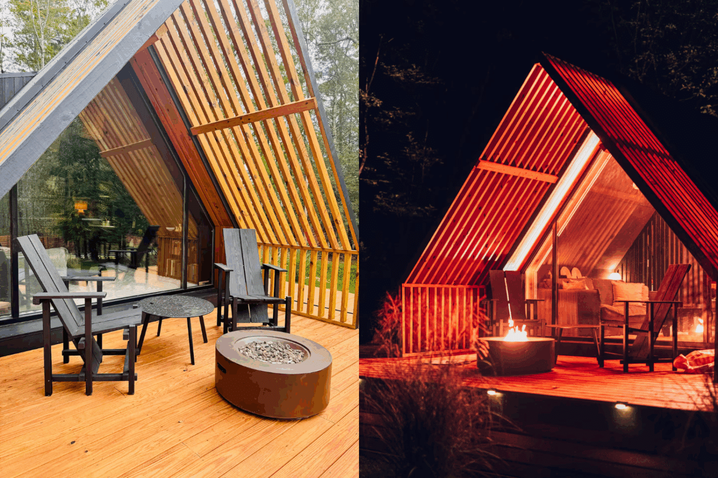 Cozy fireplace with customer built pergola on Psy Homes A Frame park model tiny home in Saugerties NY