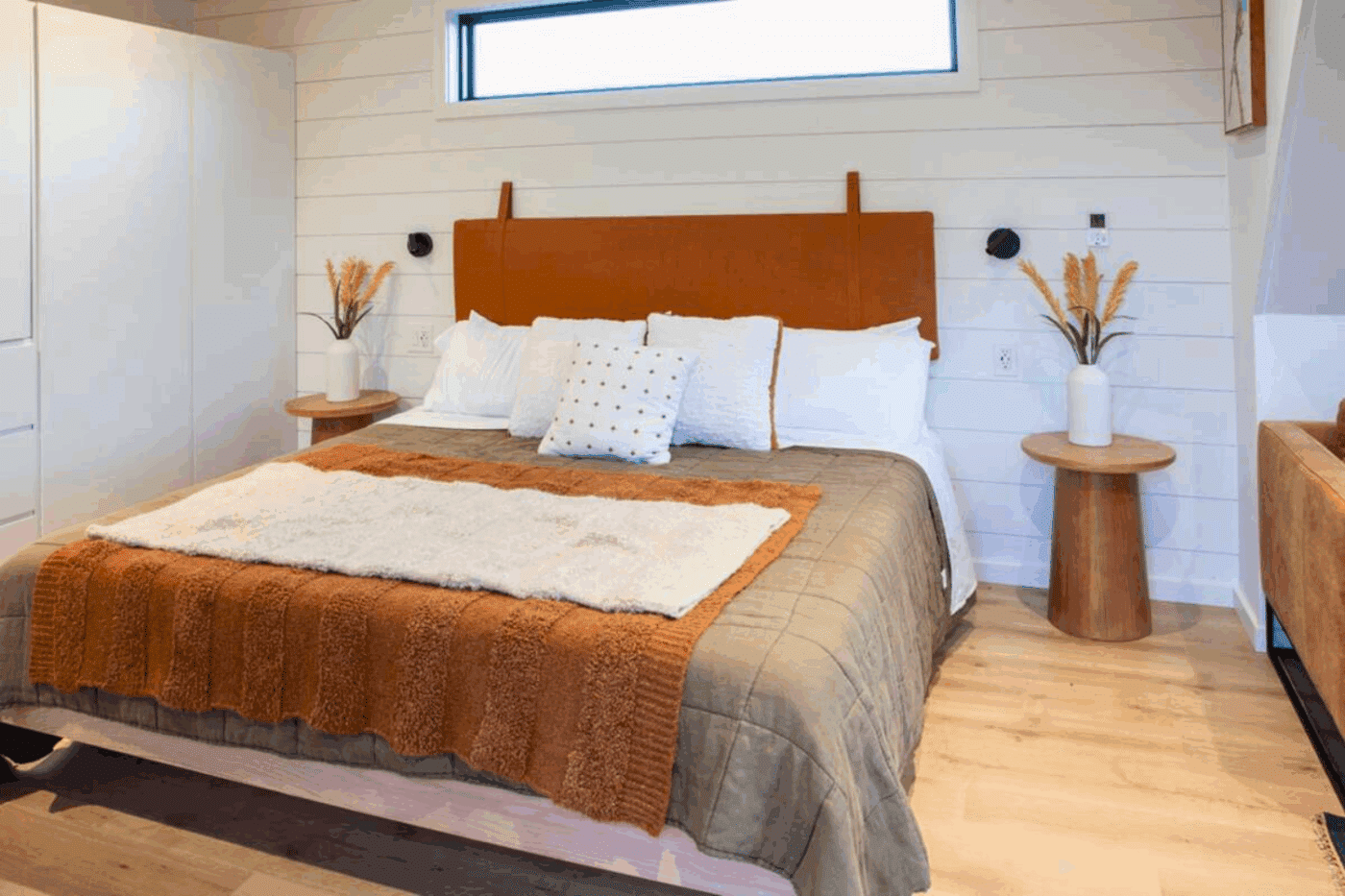 A frame studio park model tiny home sleeping area of park model tiny home built and designed by Psy Homes in Memphis TN