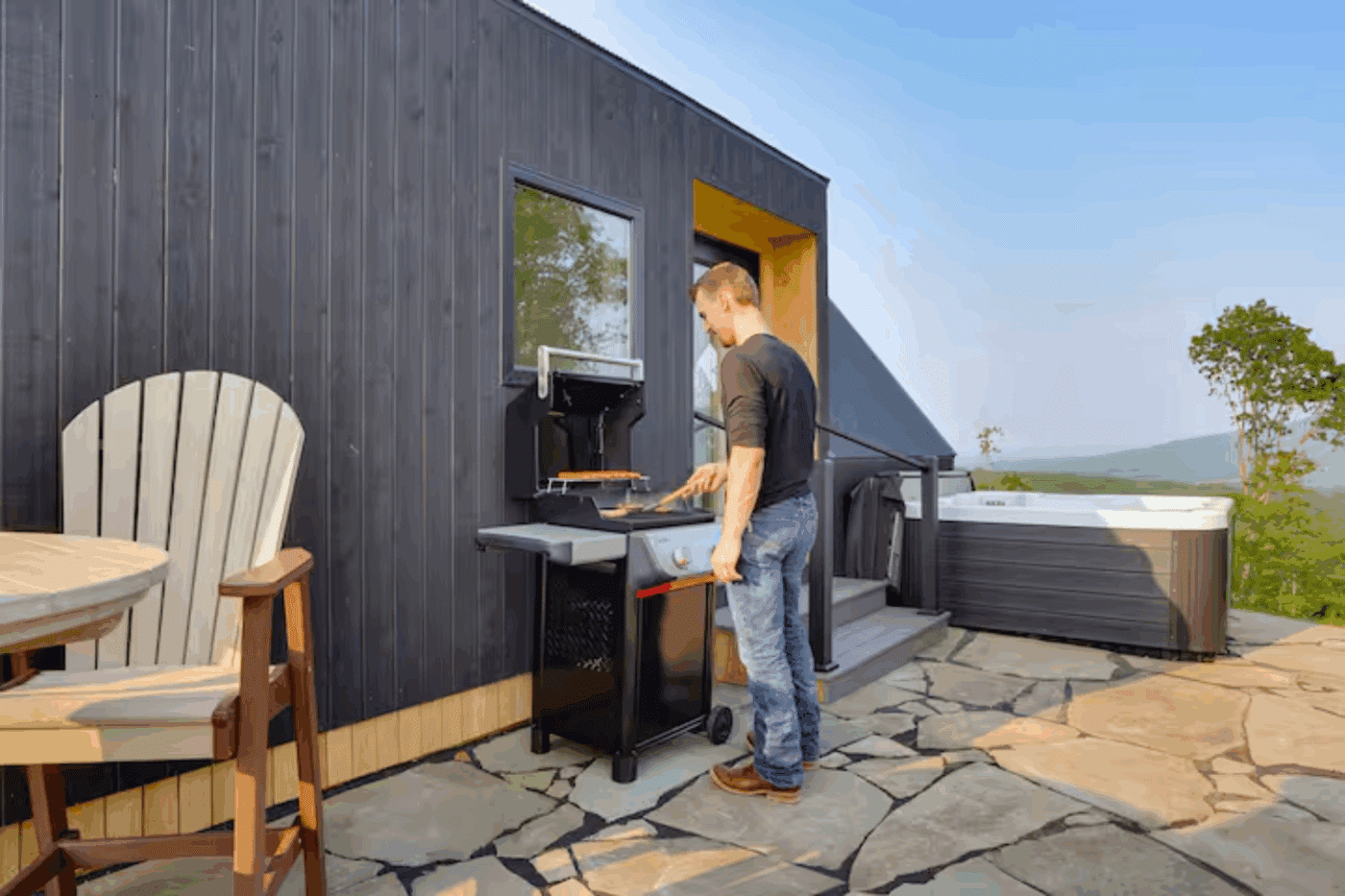outdoor cooking area of A frame park model tiny home in