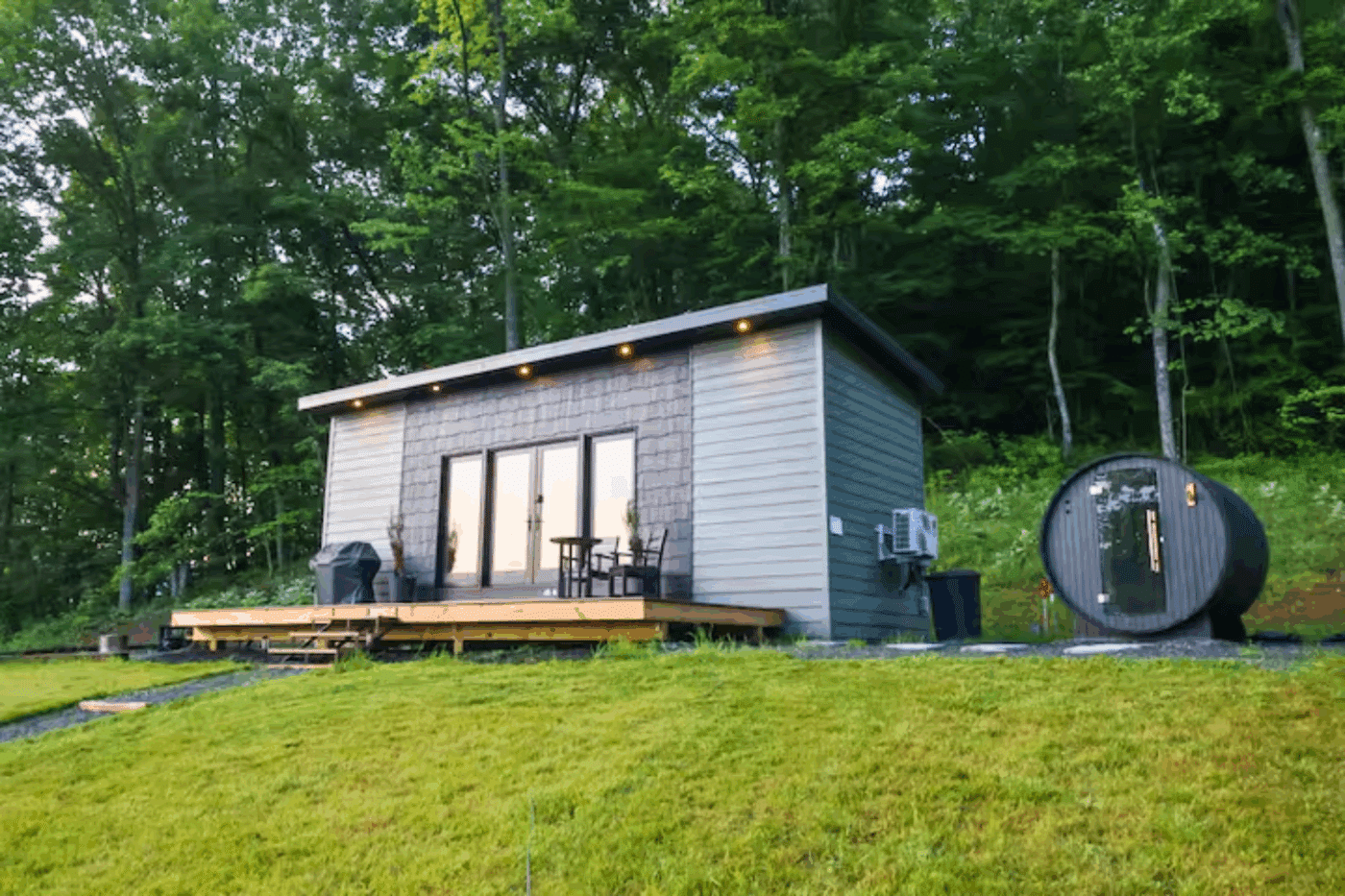 Alpine park model tiny home with outdoor sauna in Madison Virginia