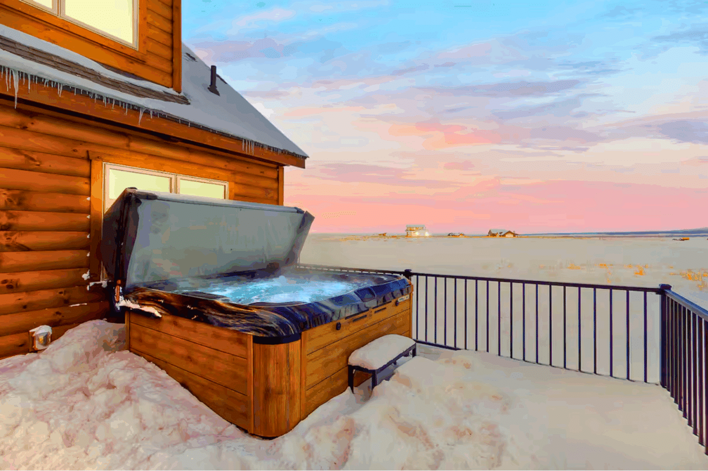 outdoor hospitality area of Canyon lodge log cabin in Driggs ID
