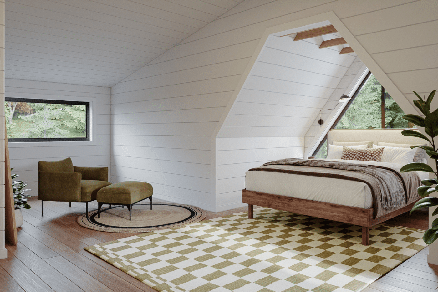 A frame cabin with large peak window in bedroom modular cabins built by Psy Homes