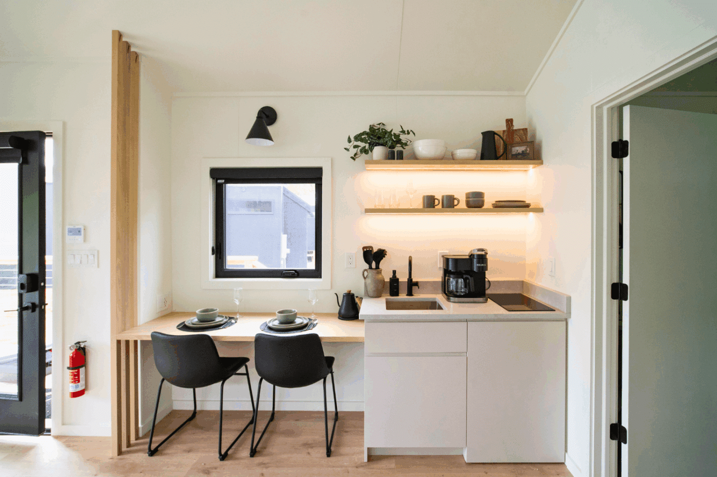 kitchen area of A frame park model studio tiny home built and designed by Psy Homes At Red Run Resort at New Holland PA site 137