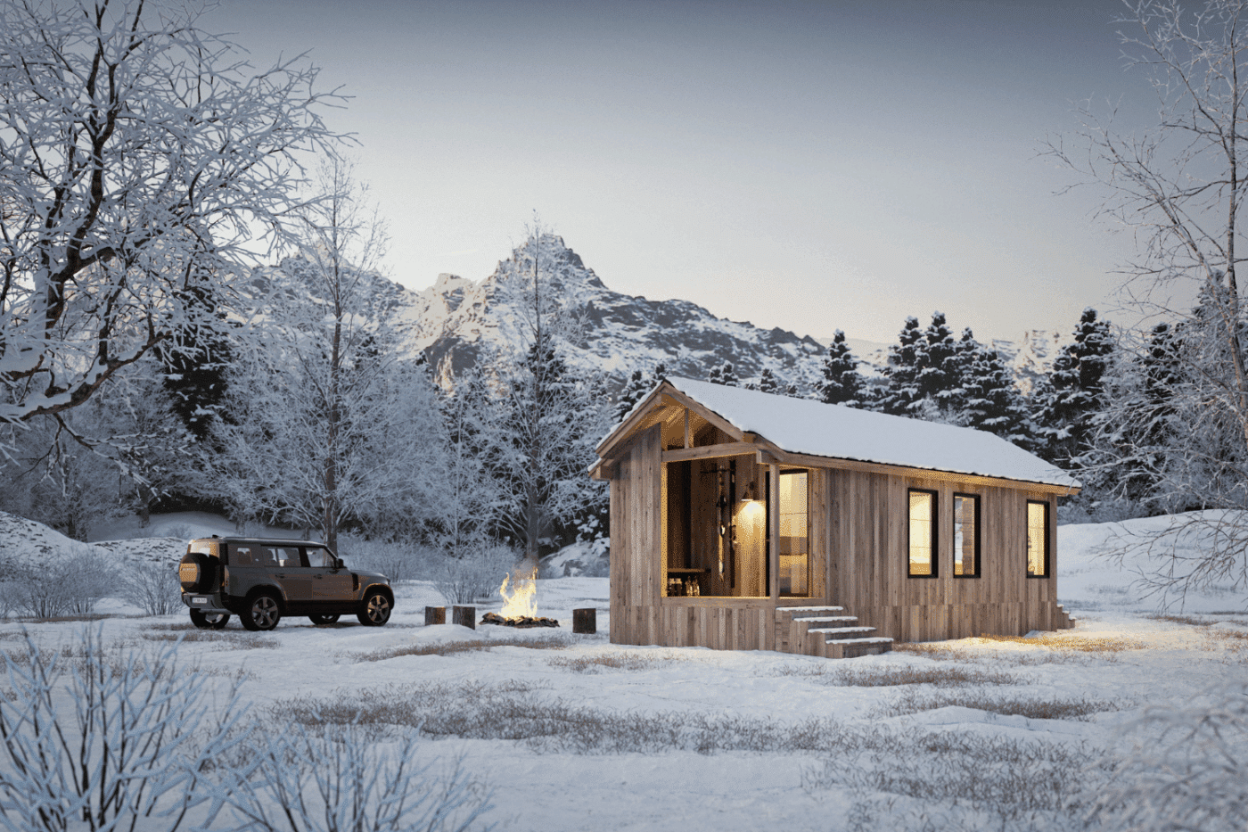 Yukon park model tiny home with rustic wood siding, SUV parked nearby, and fire pit glowing in snowy mountains.