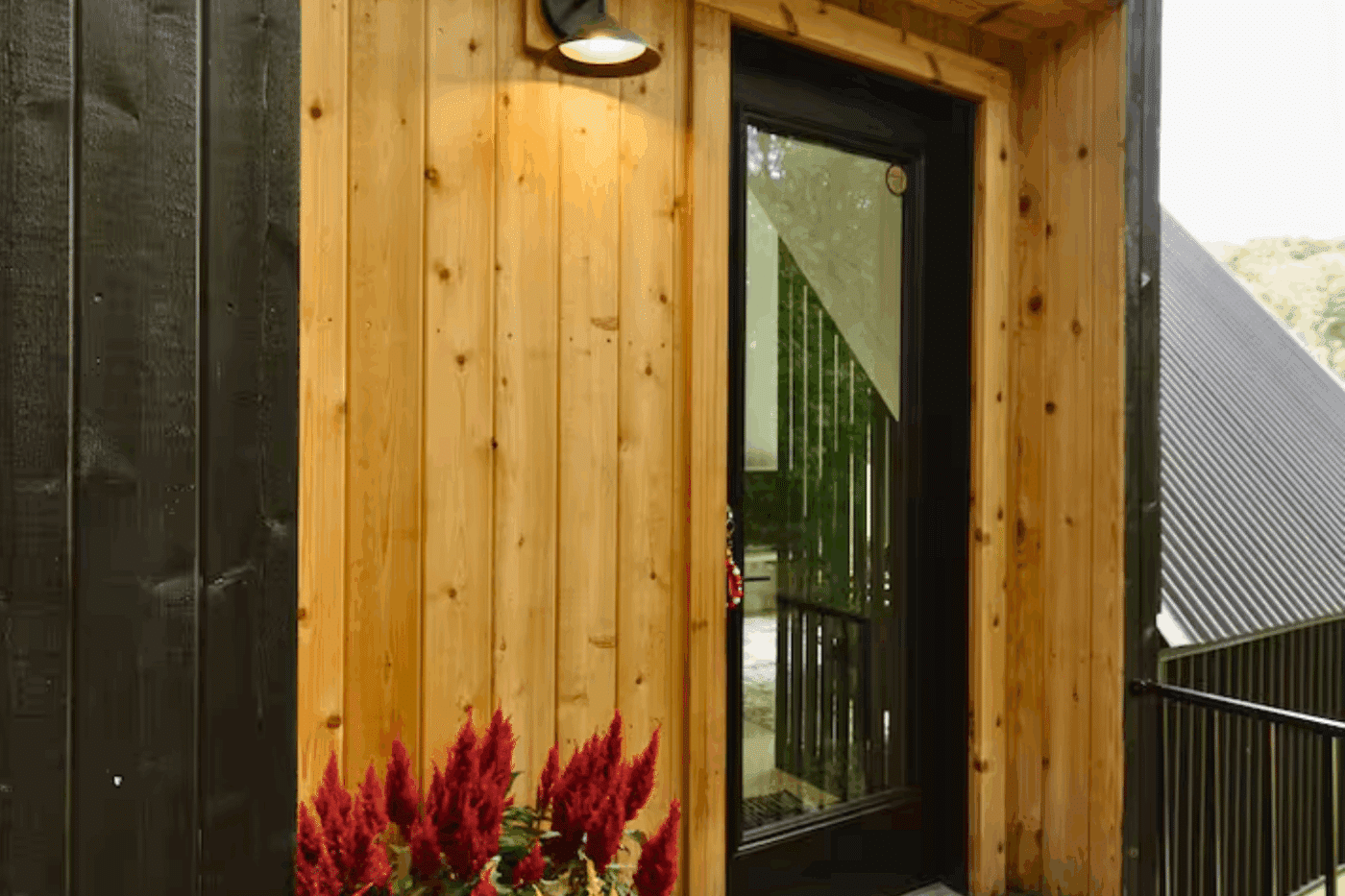 A Frame tiny home entrance built by Zook cabins in Logan Ohio