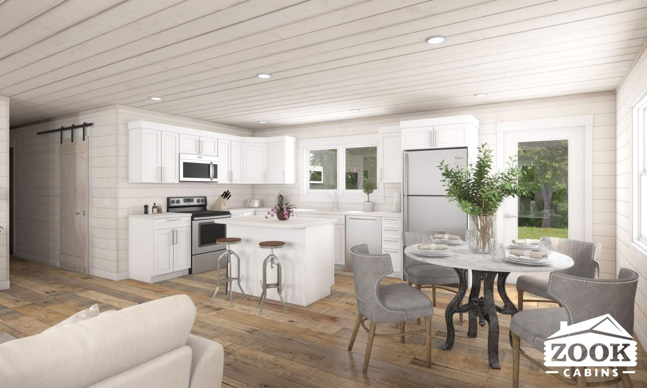 kitchen great room area in the modern cabin