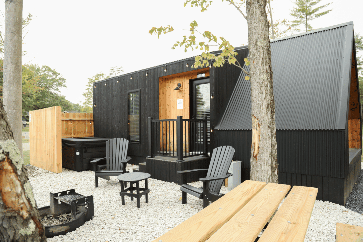 outdoor hospitality Area of A Frame 28 Park Model tiny home at Hartman Center