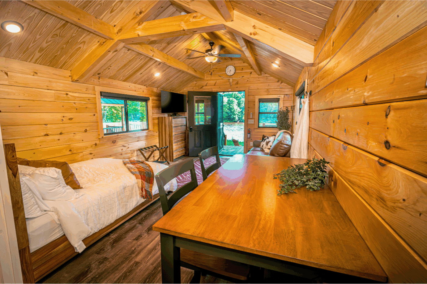 common area of log studio park model tiny home cabin 3