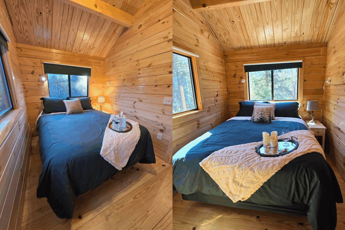 Primary Bedroom of Pinecrest park model tiny home in Bath New Hampshire built and designed by Psy Homes