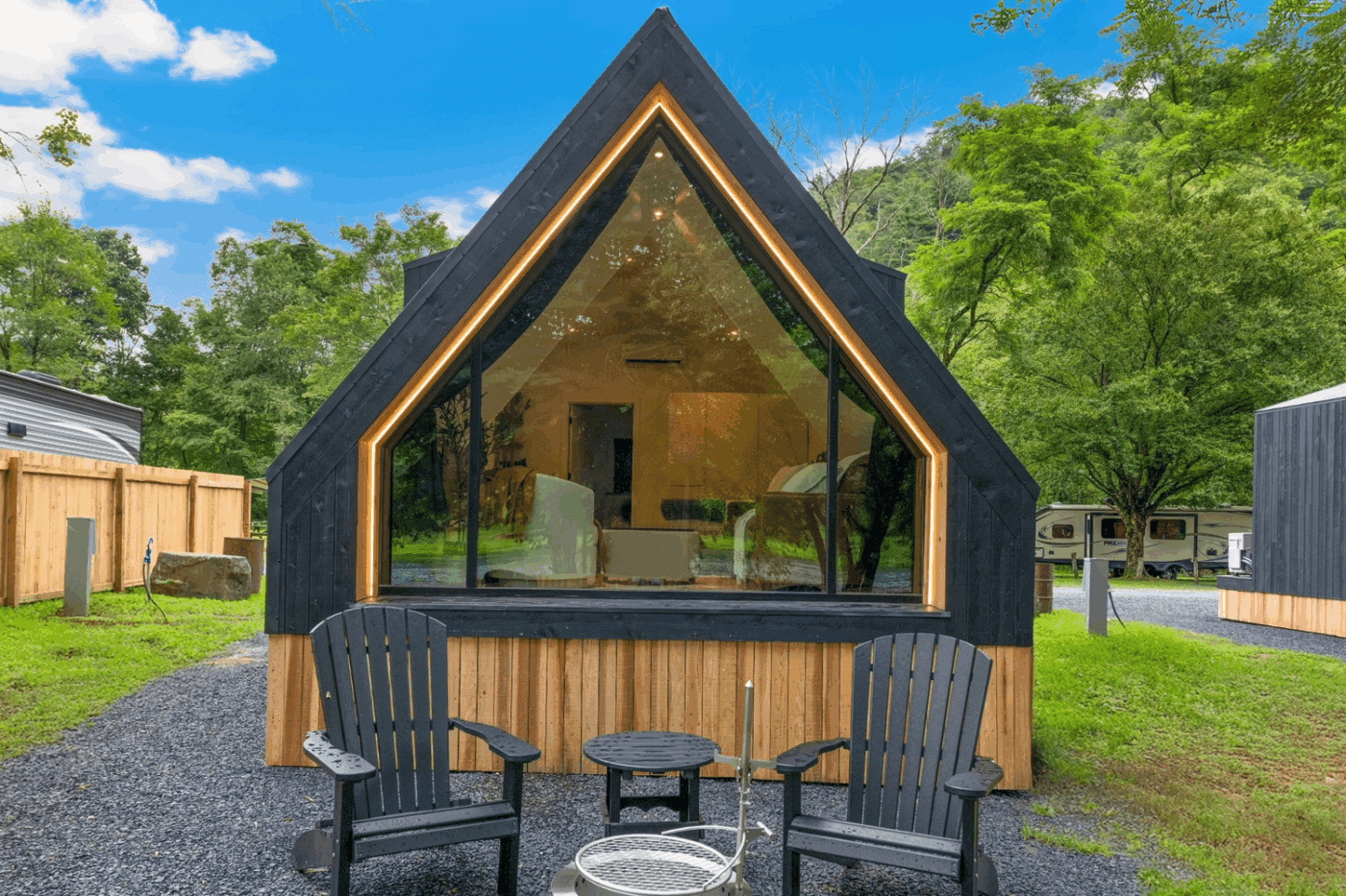 Outdoor hospitality area of A frame Studio in Pond Eddy New York Rushing Water 2 at The Outpost Resort