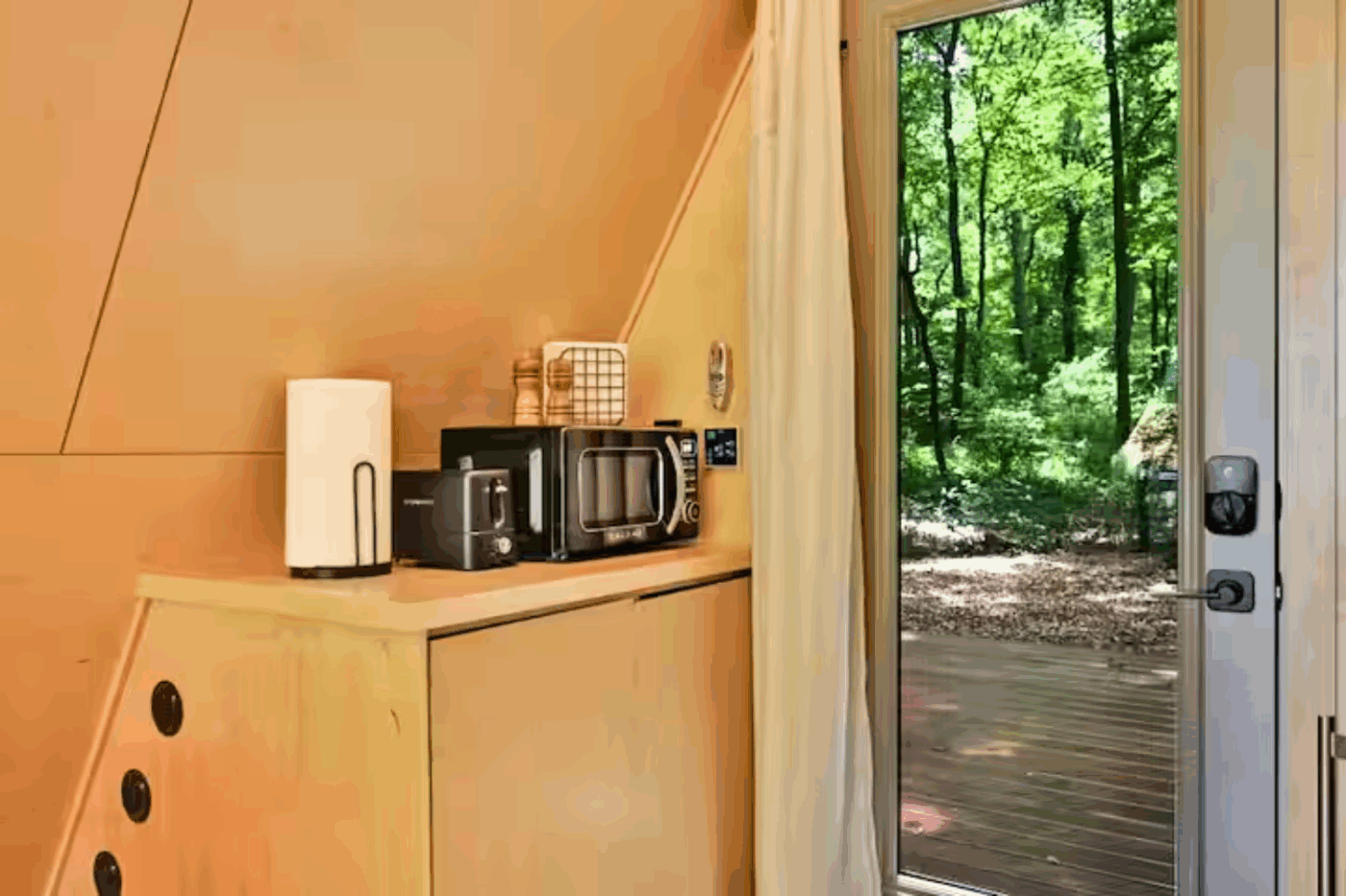 kitchenette area of Vista glamping pod in Atglen Pa built and designed by Psy Homes