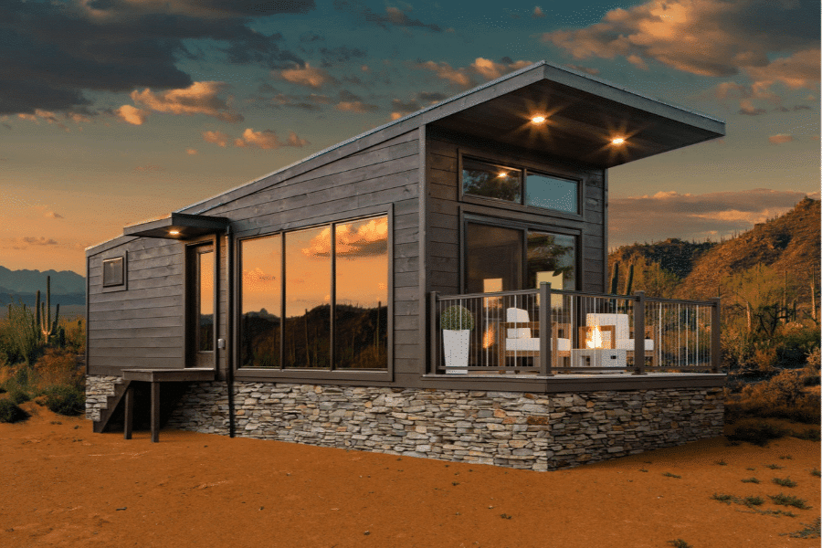 rockwood park model tiny home on stone foundation in California desert