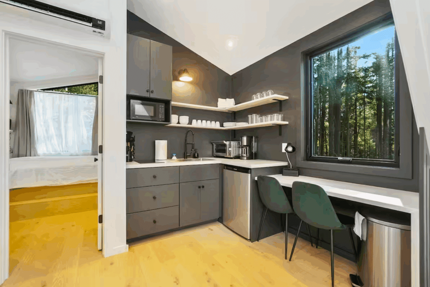 A frame park model tiny home in Wiscasset Maine with full kitchen